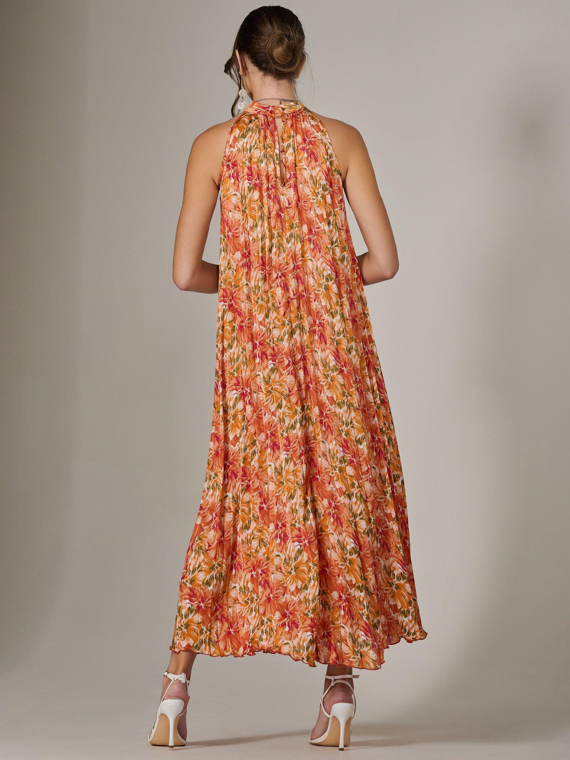Product image 2 of 6, which shows Jolie Moi Halter Pleated Maxi Dress, Orange/Multi, 8