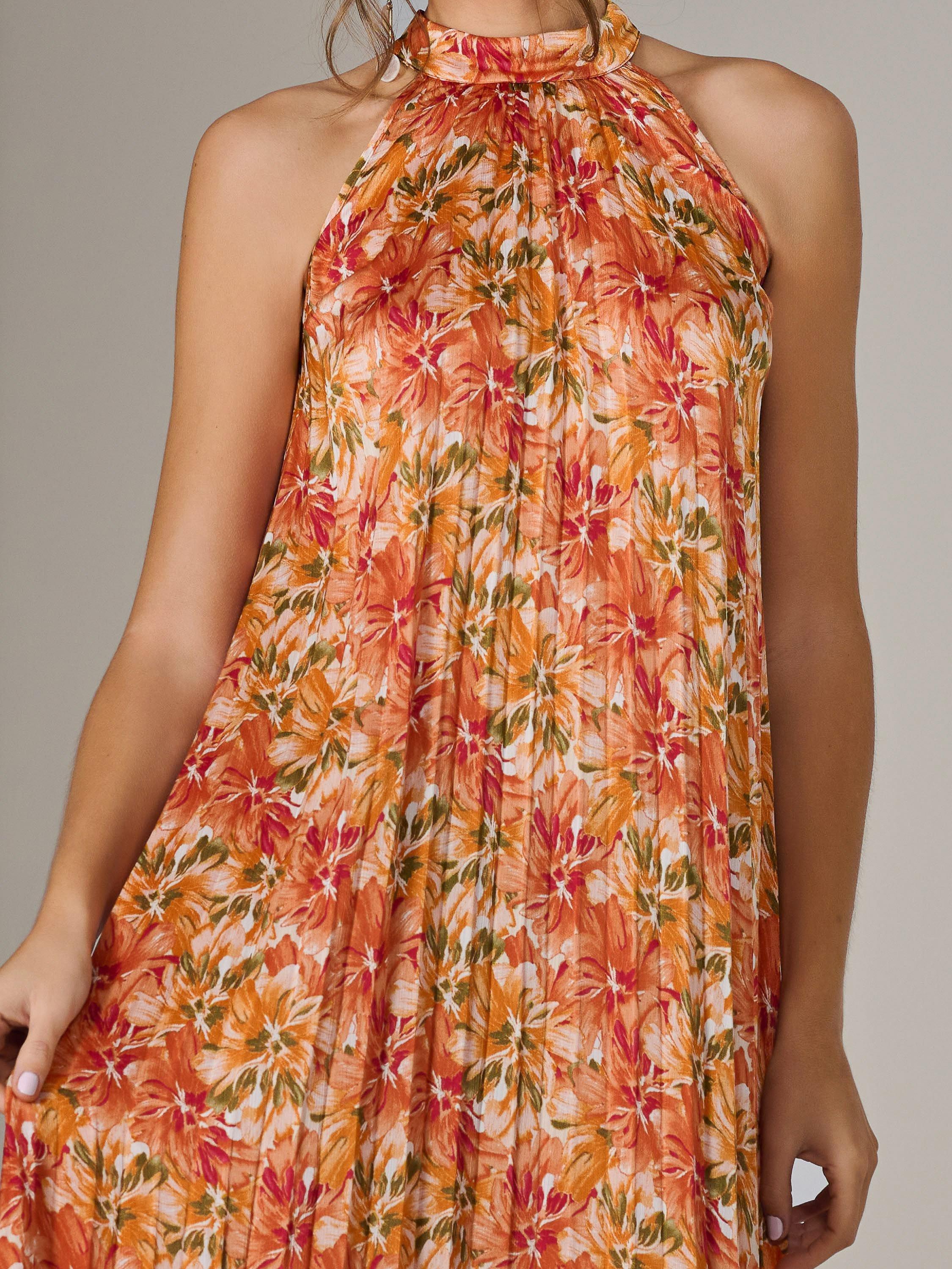 Product image 3 of 6, which shows Jolie Moi Halter Pleated Maxi Dress, Orange/Multi, 8