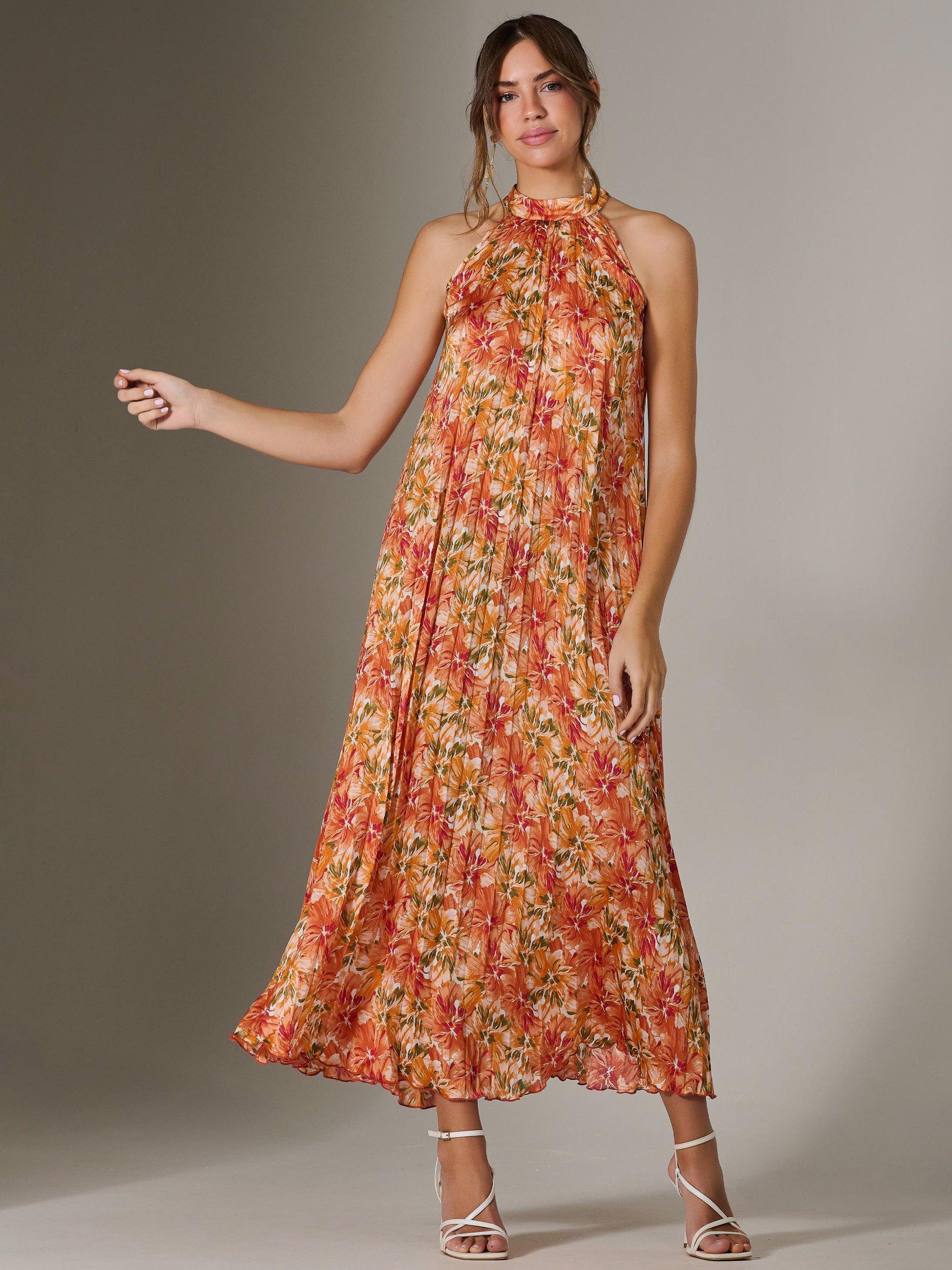 Product image 4 of 6, which shows Jolie Moi Halter Pleated Maxi Dress, Orange/Multi, 8