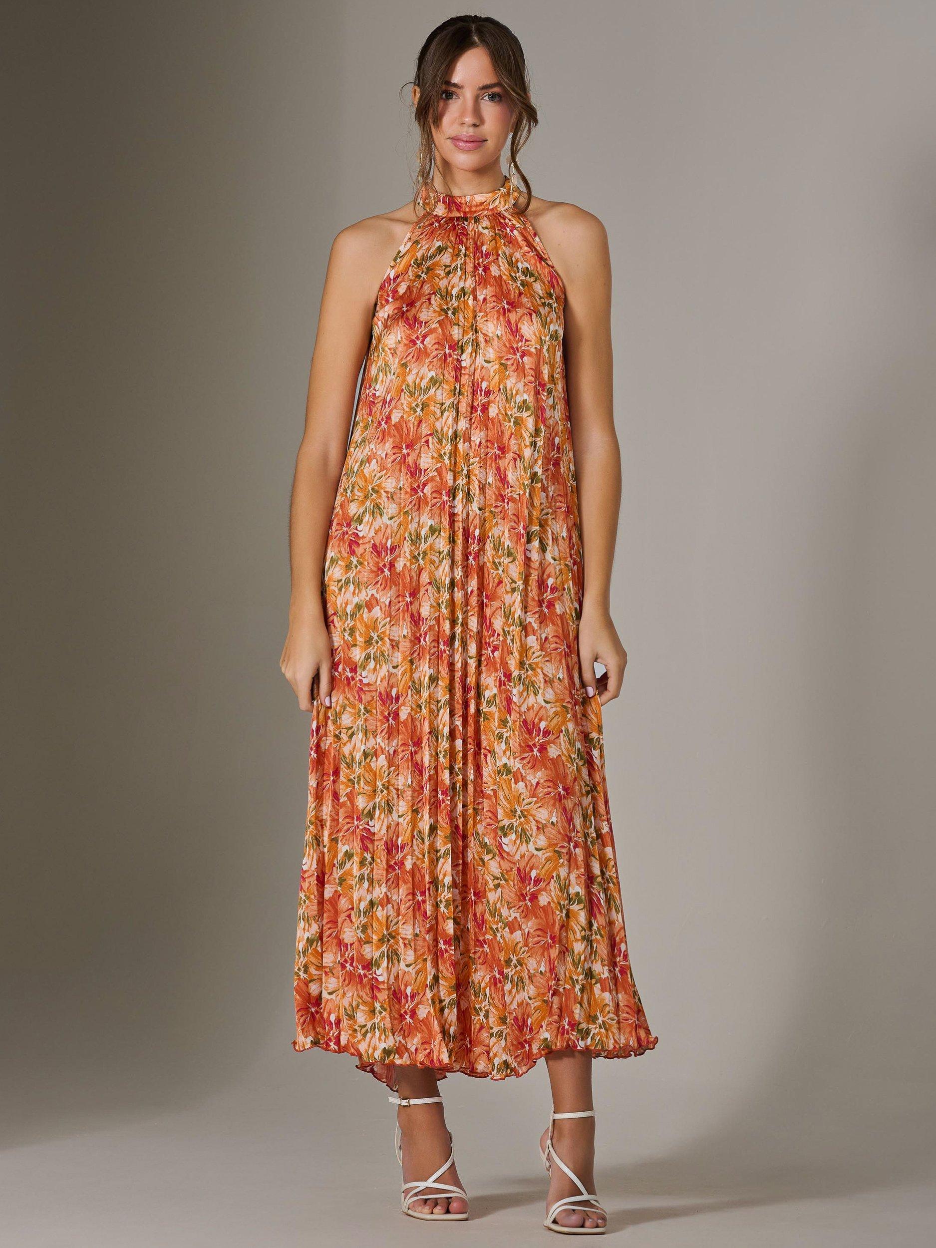 Product image 5 of 6, which shows Jolie Moi Halter Pleated Maxi Dress, Orange/Multi, 8