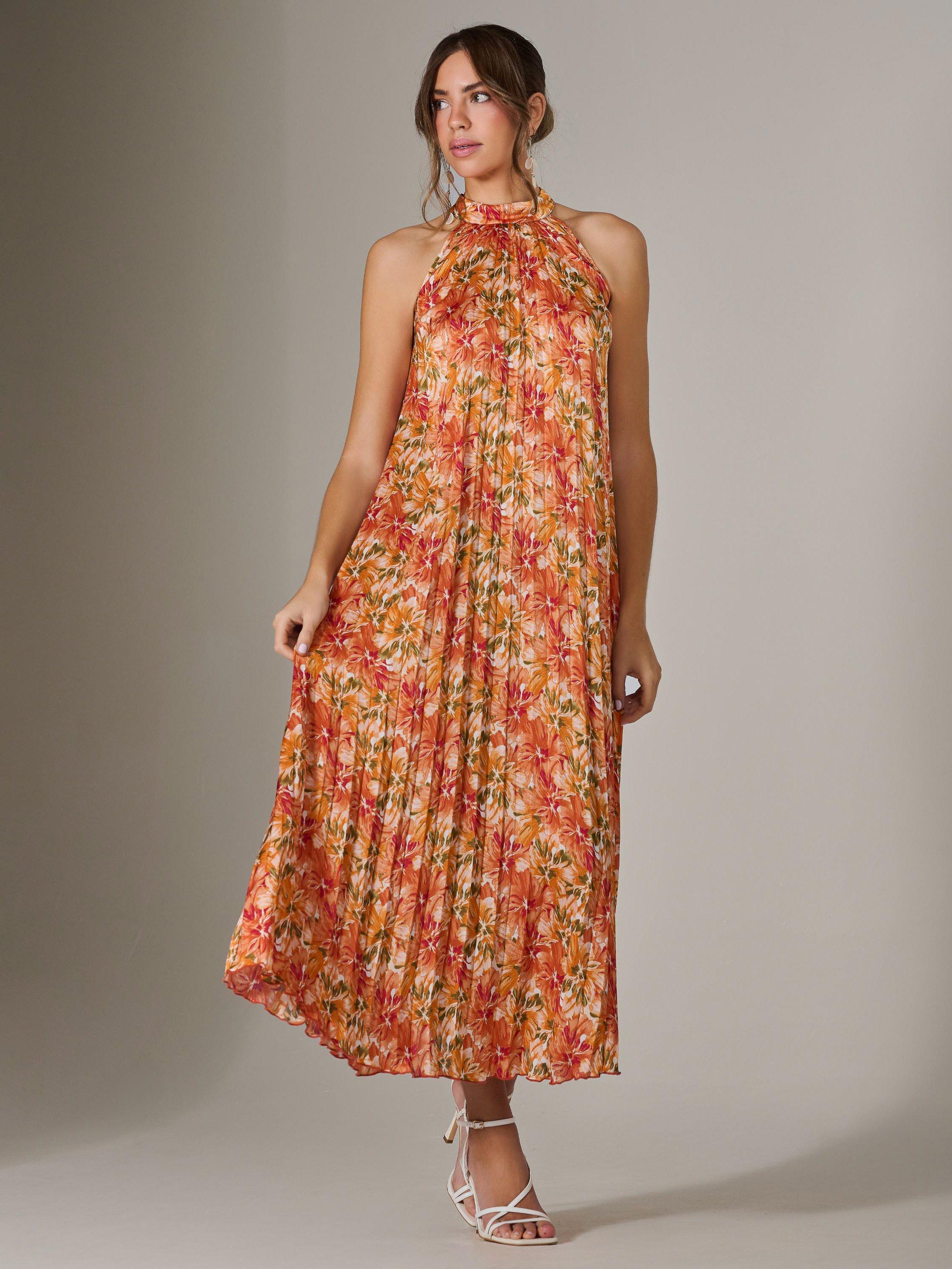 Product image 6 of 6, which shows Jolie Moi Halter Pleated Maxi Dress, Orange/Multi, 8