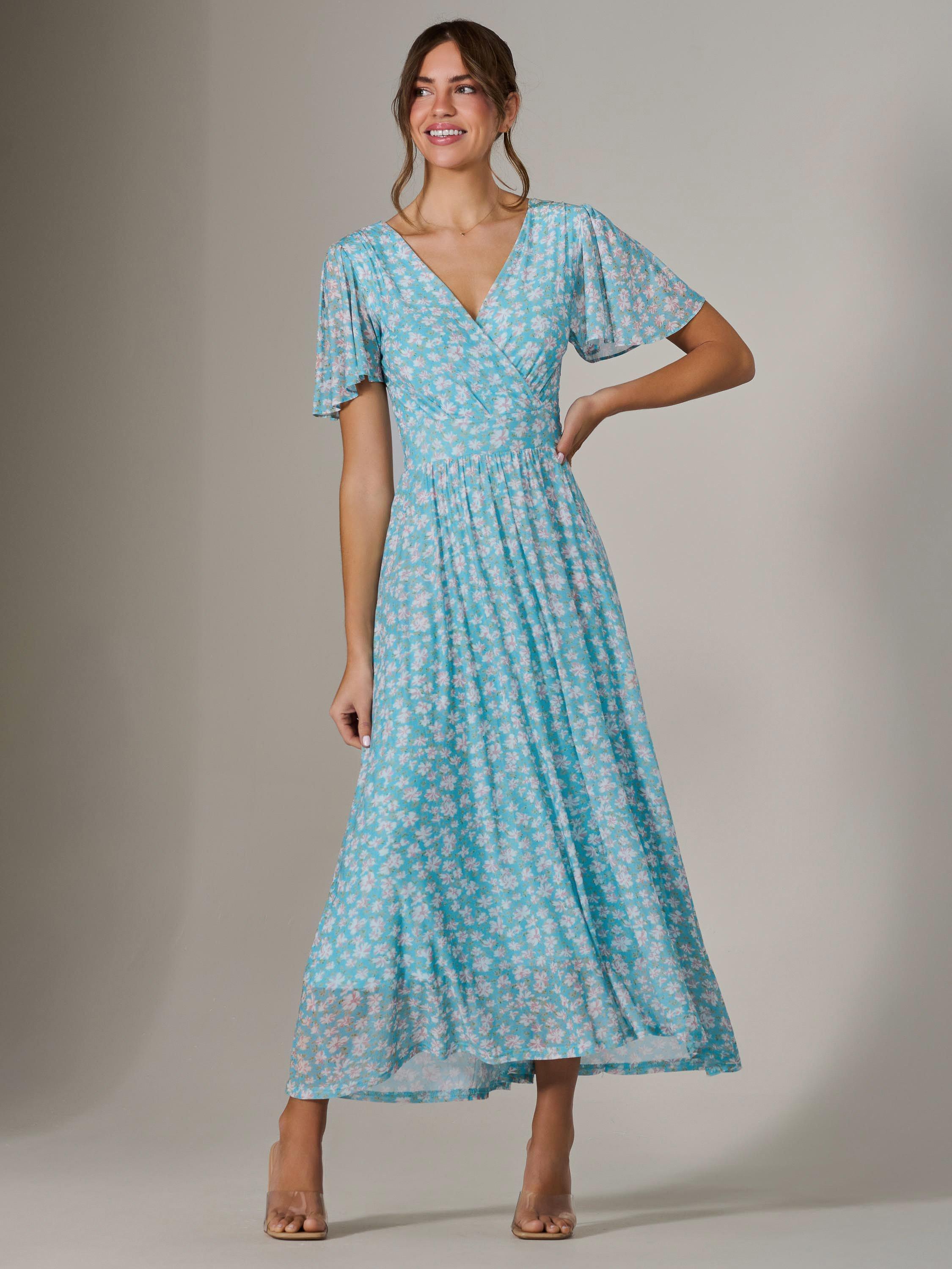 Jolie Moi Evelyn Angel Sleeve Mesh Maxi Dress, Pale Green/Multi