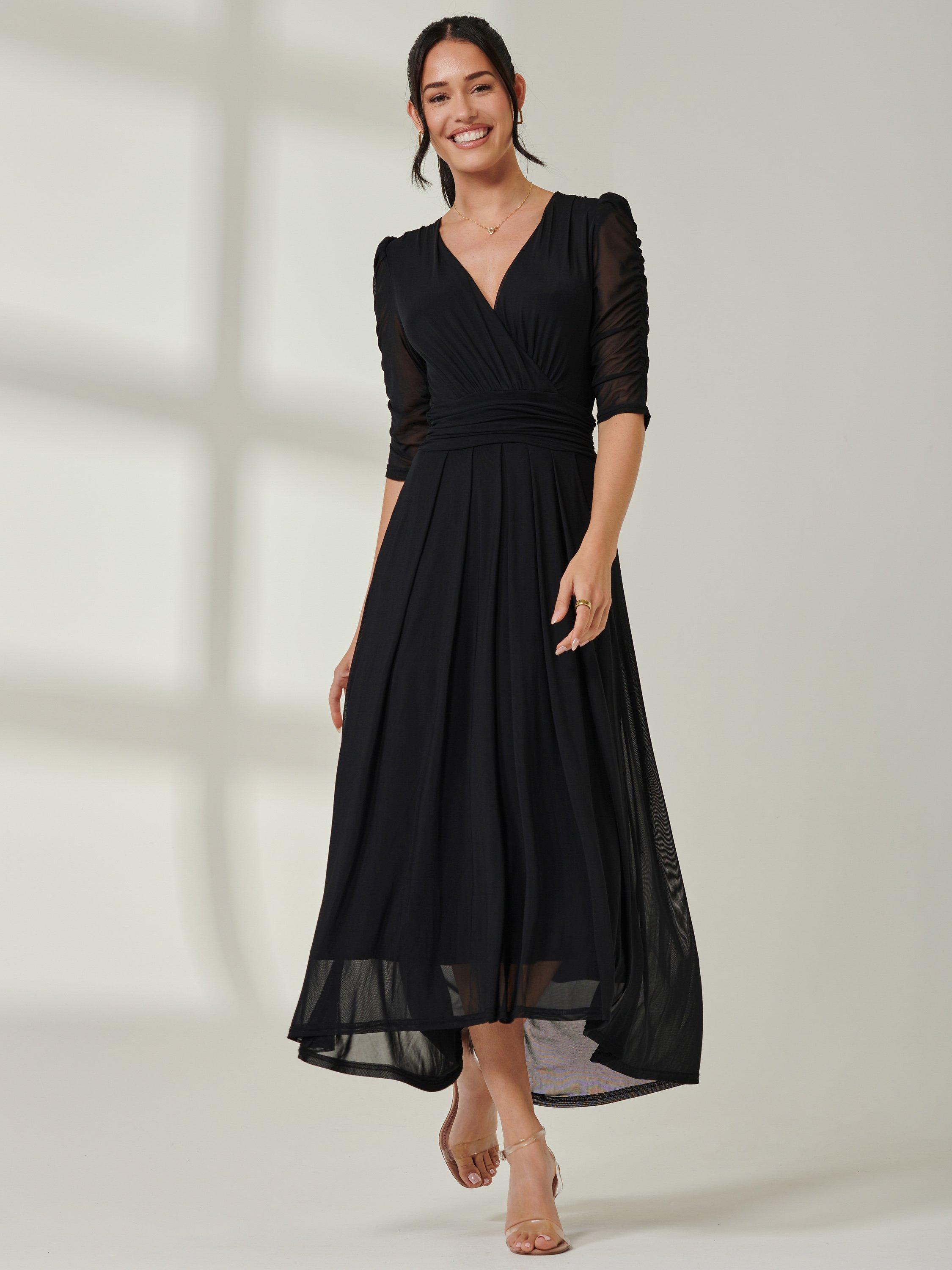 Product image 1 of 7, which shows Jolie Moi Aneissa Ruched Sleeve Mesh Maxi Dress, Black, 8