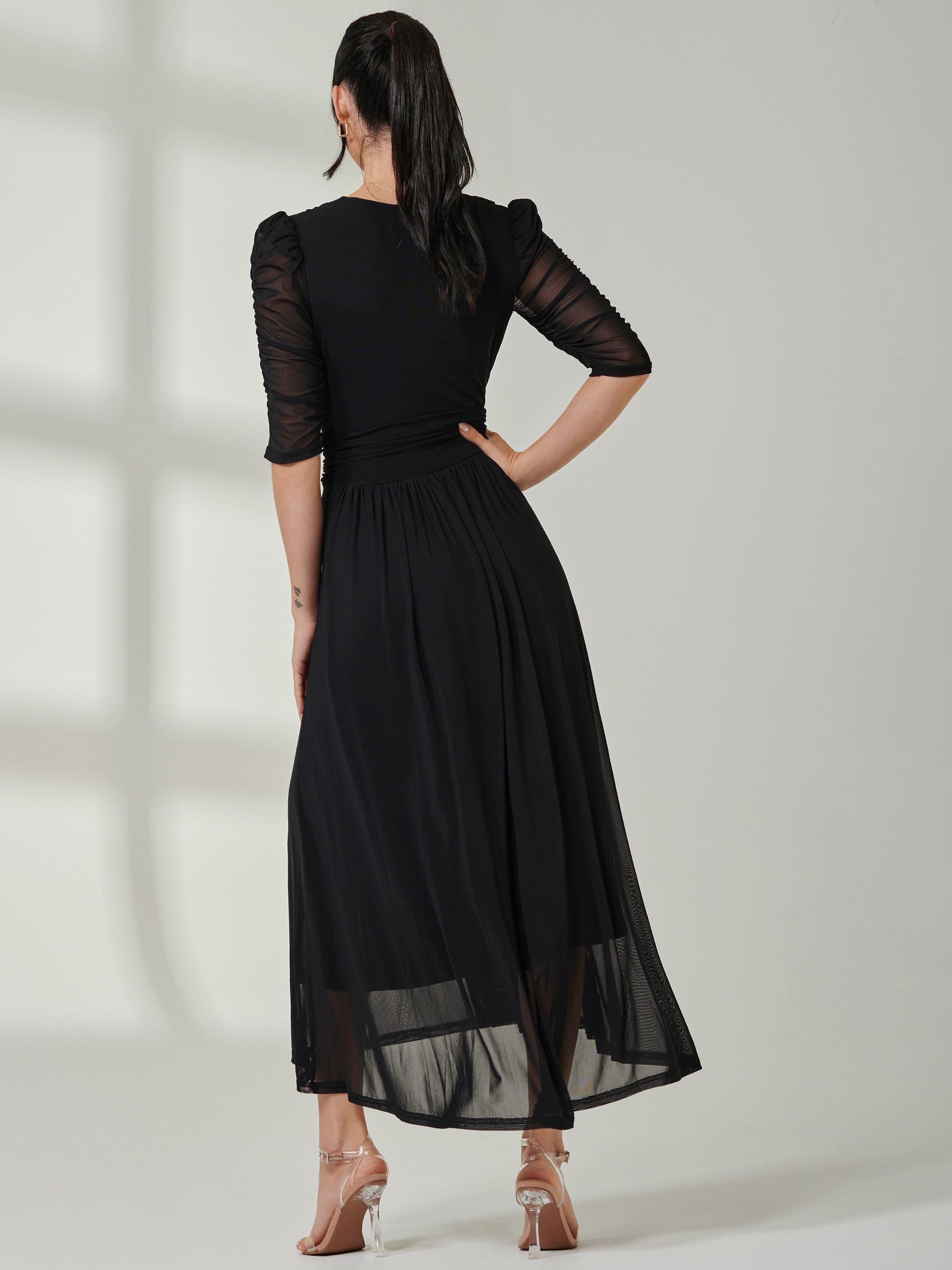 Jolie Moi Aneissa Ruched Sleeve Mesh Maxi Dress Black