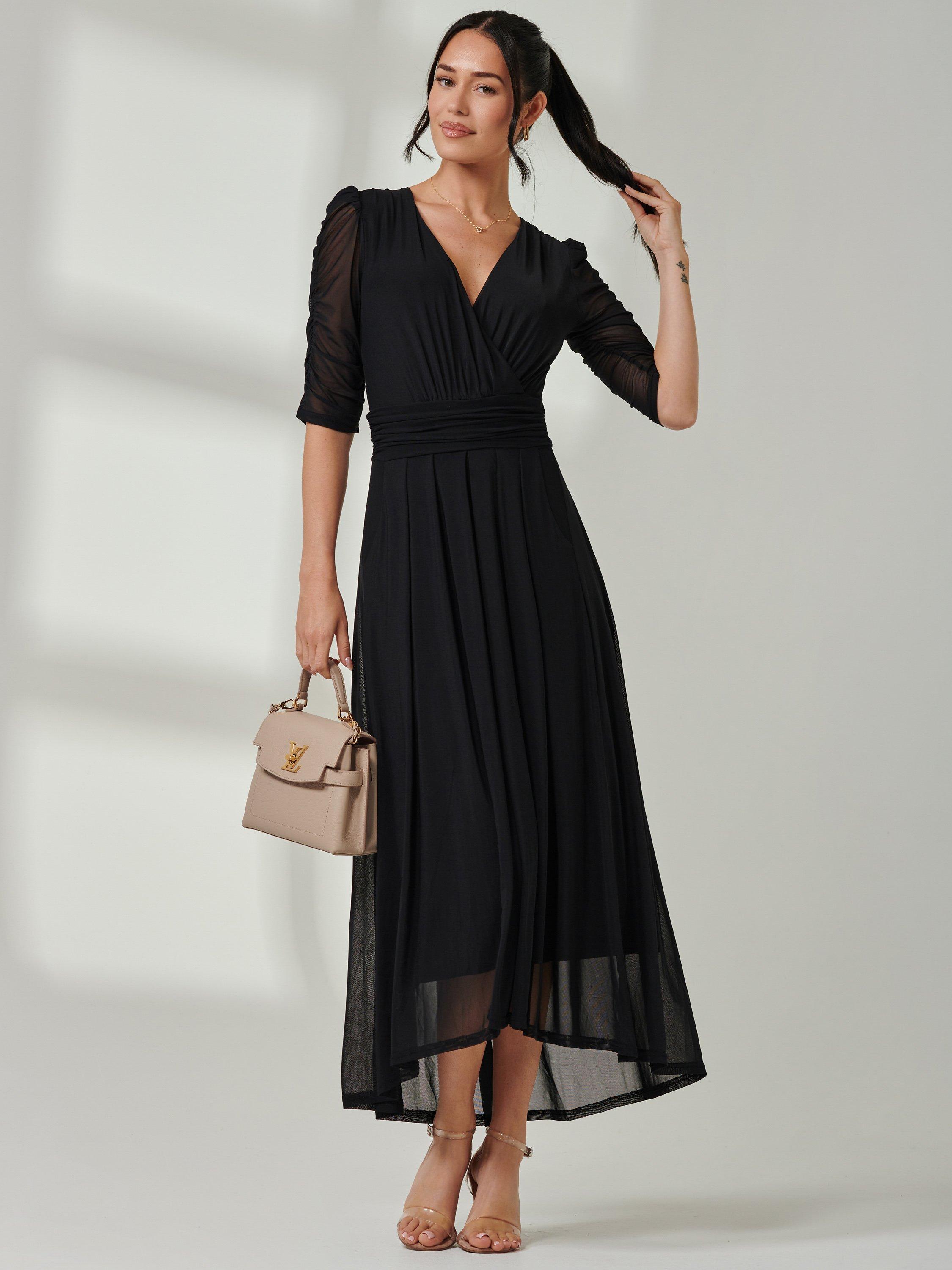 Product image 3 of 7, which shows Jolie Moi Aneissa Ruched Sleeve Mesh Maxi Dress, Black, 8