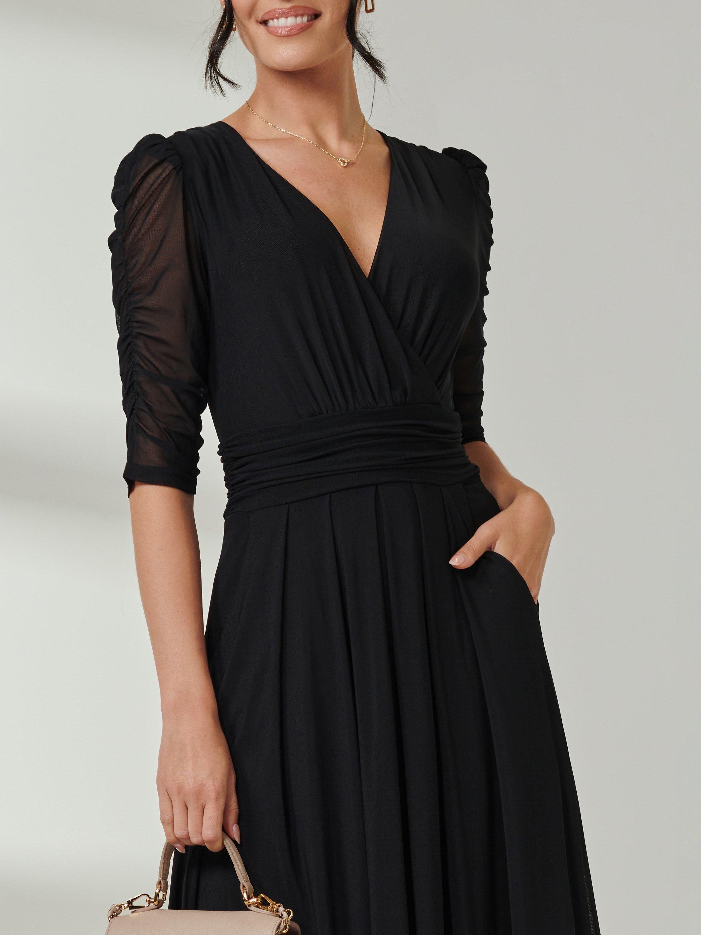 Product image 4 of 7, which shows Jolie Moi Aneissa Ruched Sleeve Mesh Maxi Dress, Black, 8