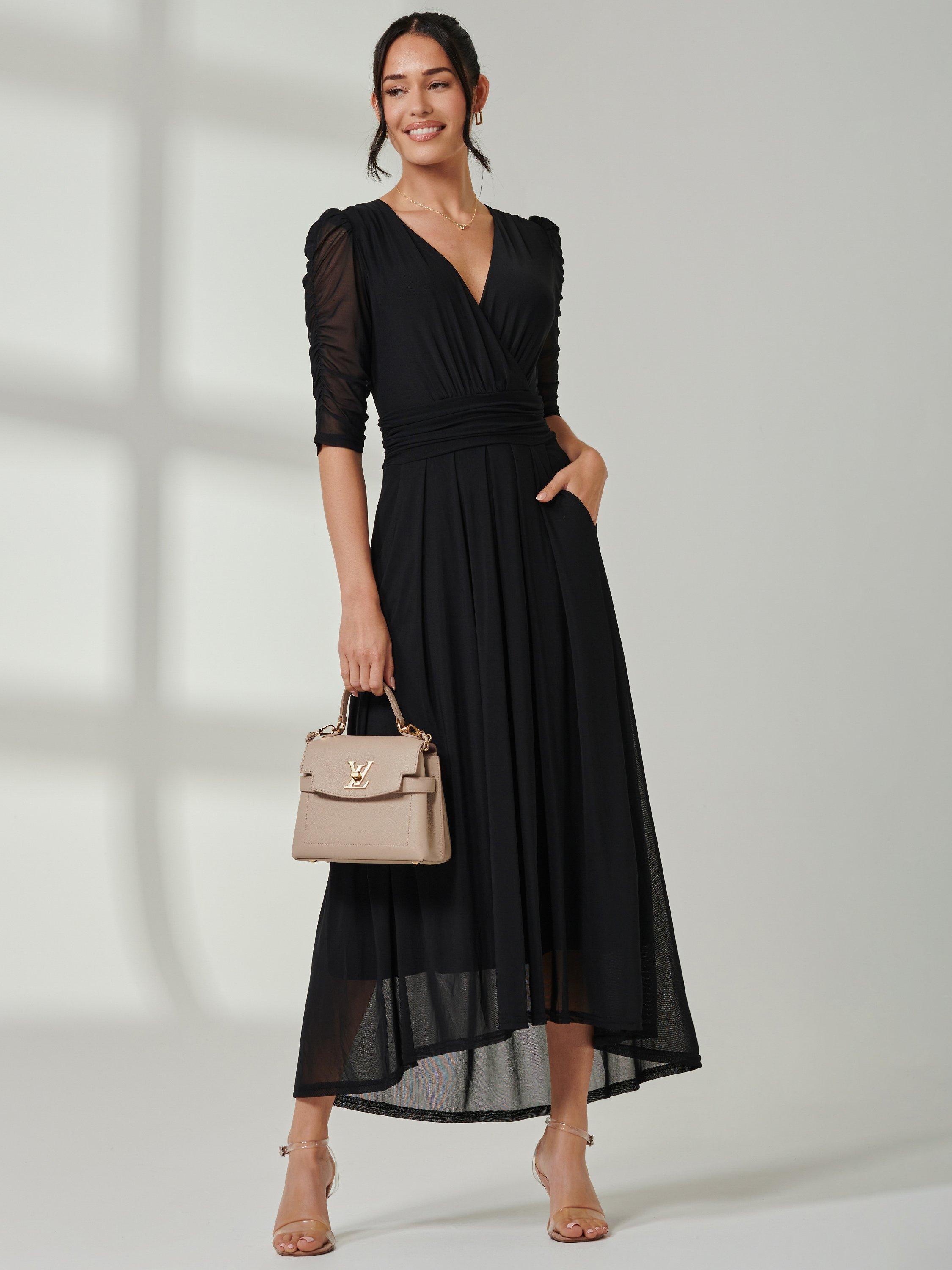 Product image 6 of 7, which shows Jolie Moi Aneissa Ruched Sleeve Mesh Maxi Dress, Black, 8
