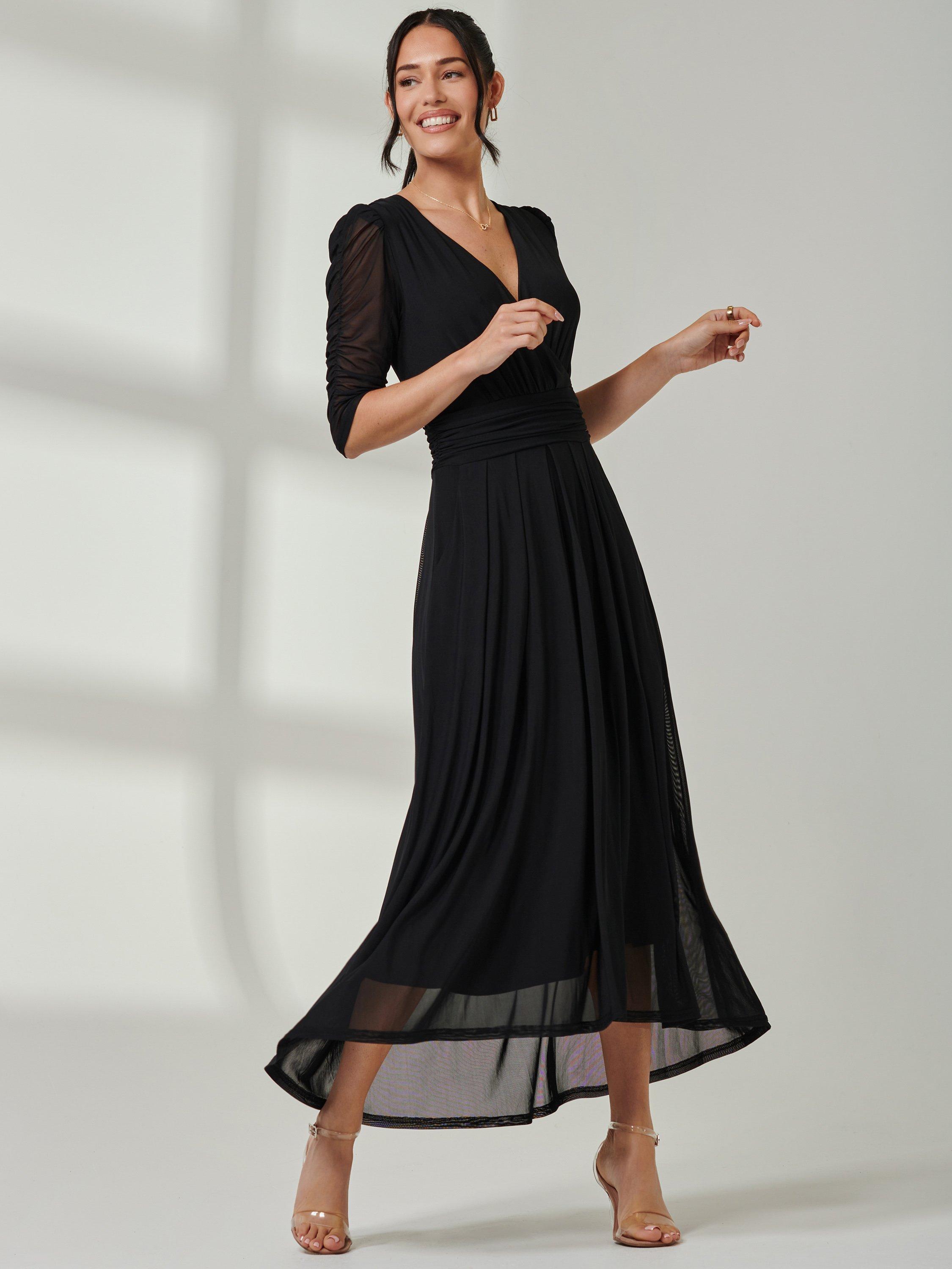 Product image 7 of 7, which shows Jolie Moi Aneissa Ruched Sleeve Mesh Maxi Dress, Black, 8