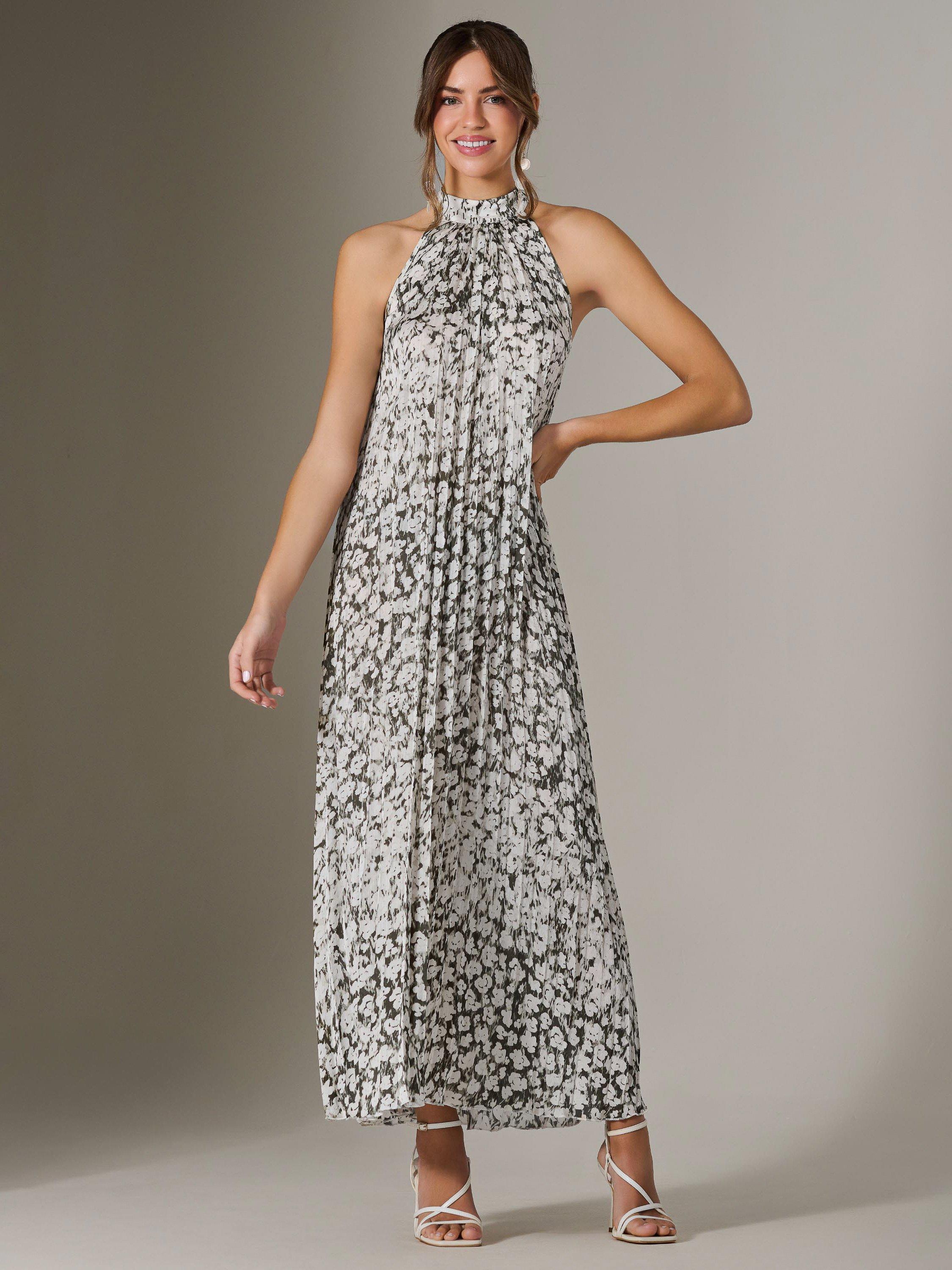 Jolie Moi Abstract Pleated Maxi Dress, Black/Multi