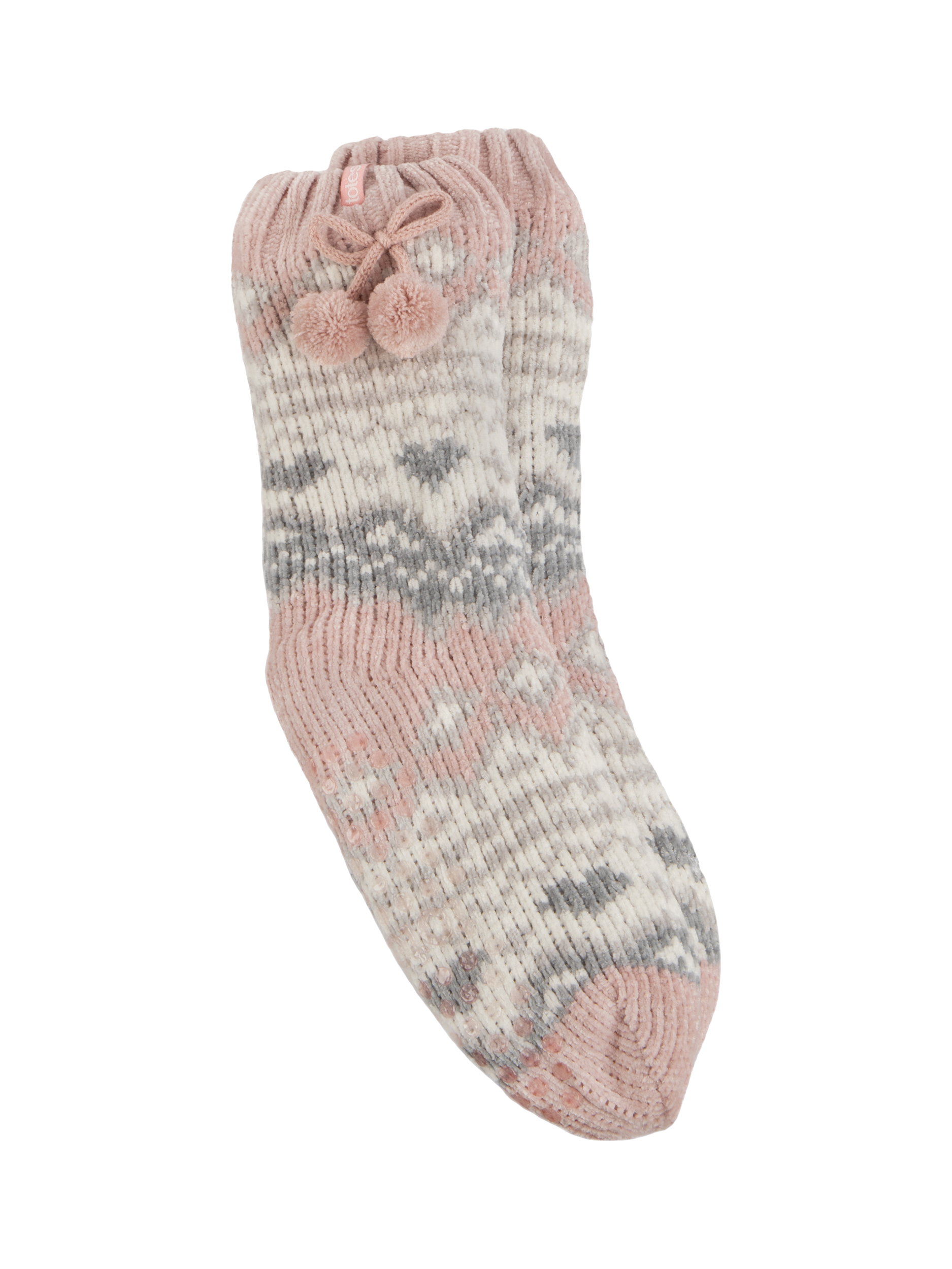Product image 1 of 5, which shows totes Fairisle Chenille Slipper Socks, Pink Fairisle, One Size