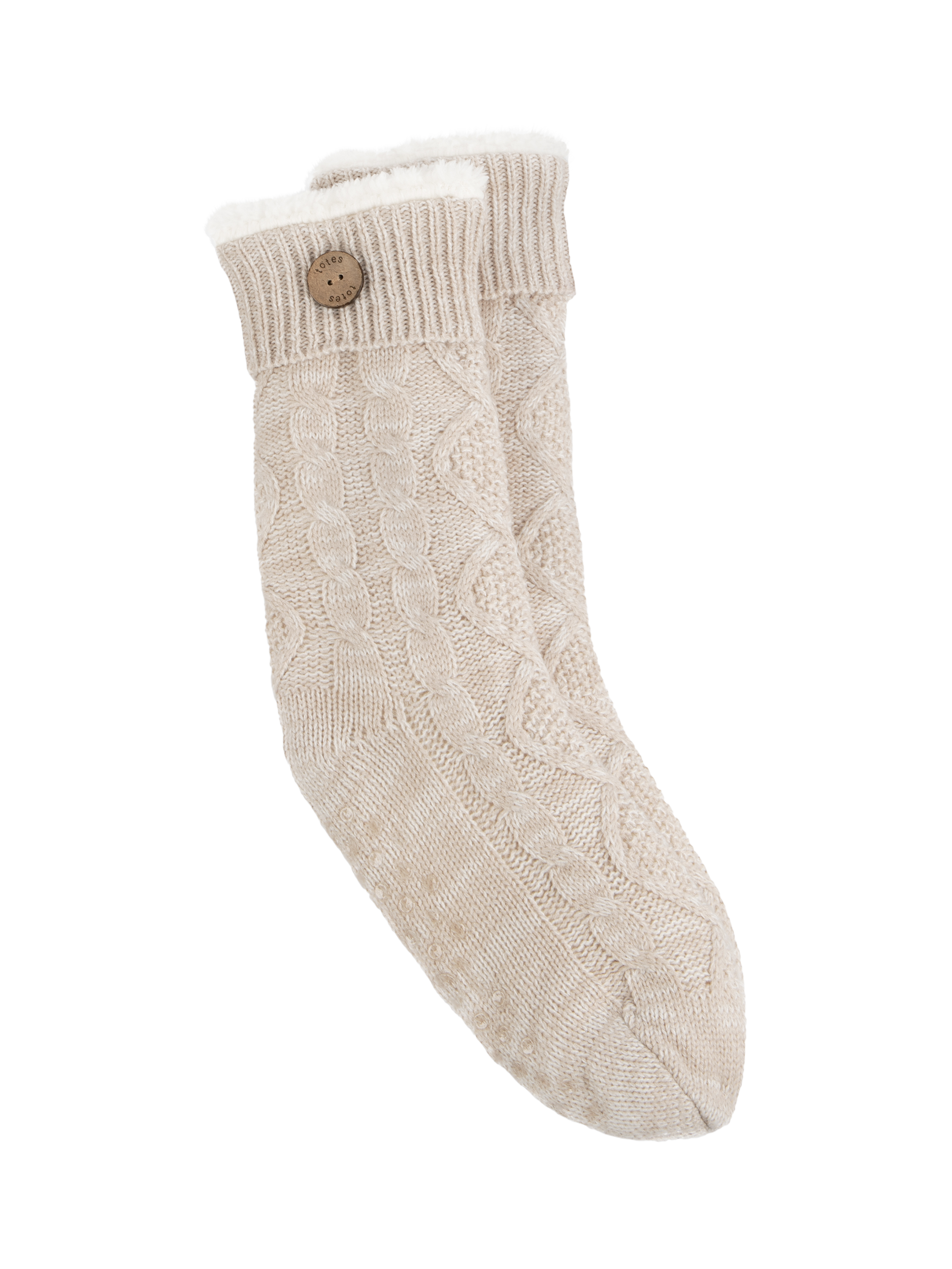 Product image 1 of 5, which shows totes Textured Button Detail Slipper Socks, Biscuit, One Size