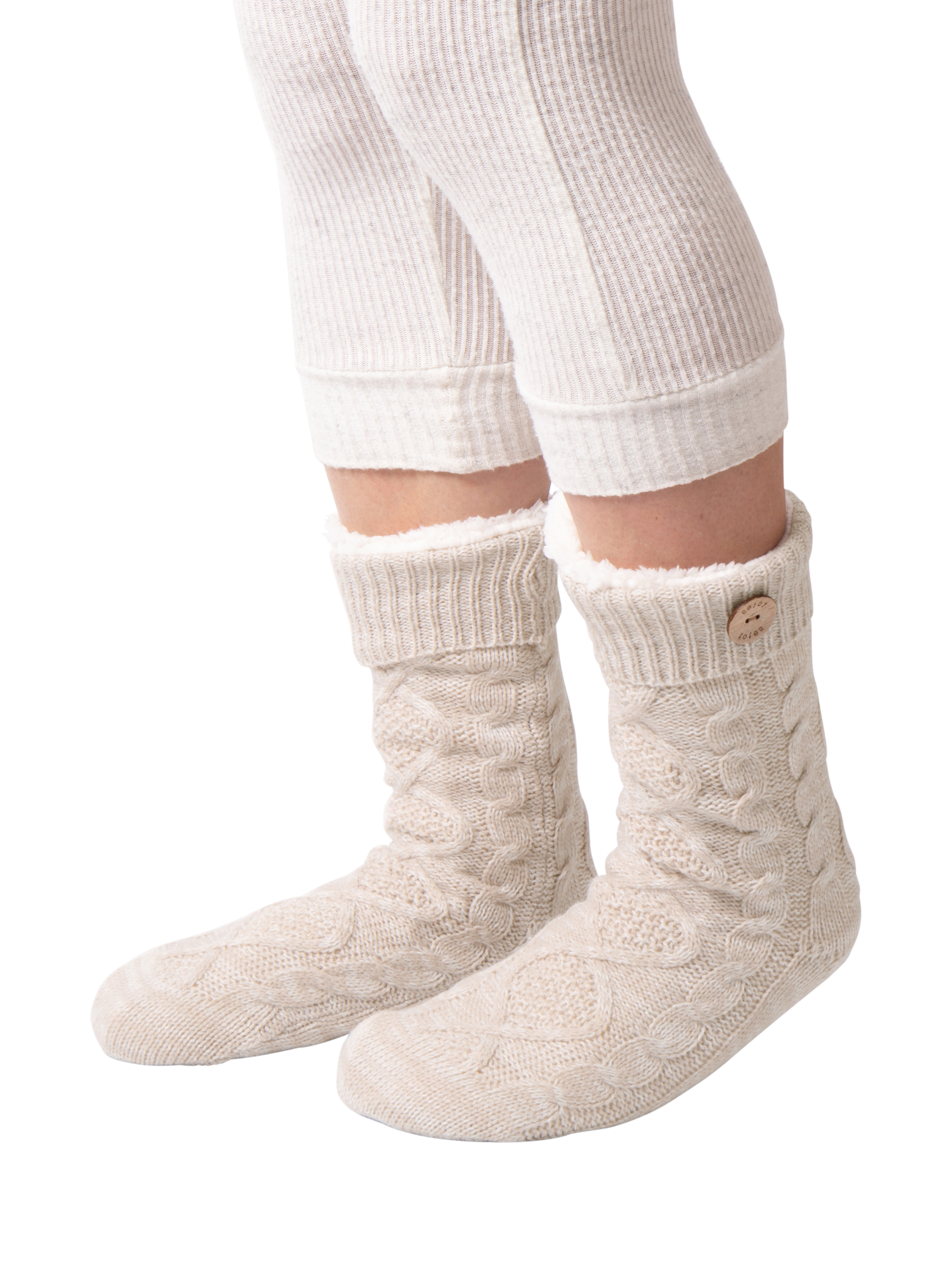 Product image 2 of 5, which shows totes Textured Button Detail Slipper Socks, Biscuit, One Size