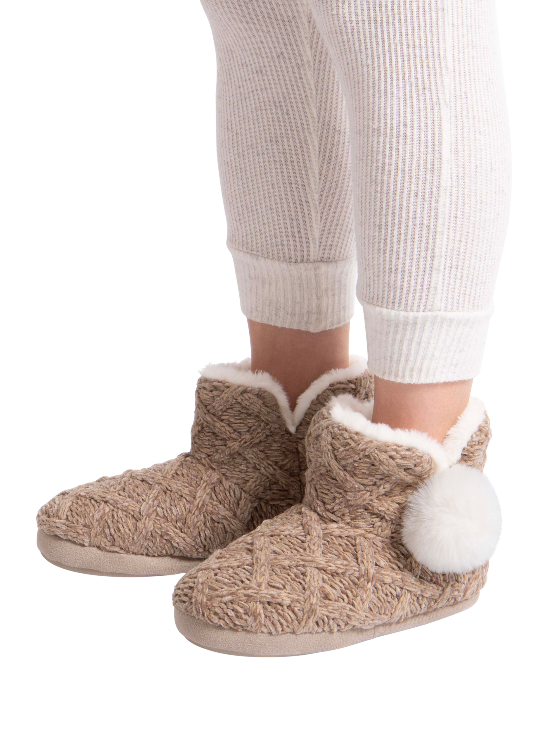 Product image 2 of 8, which shows totes Cable Knit Bootie Slippers, Brown, 3-4