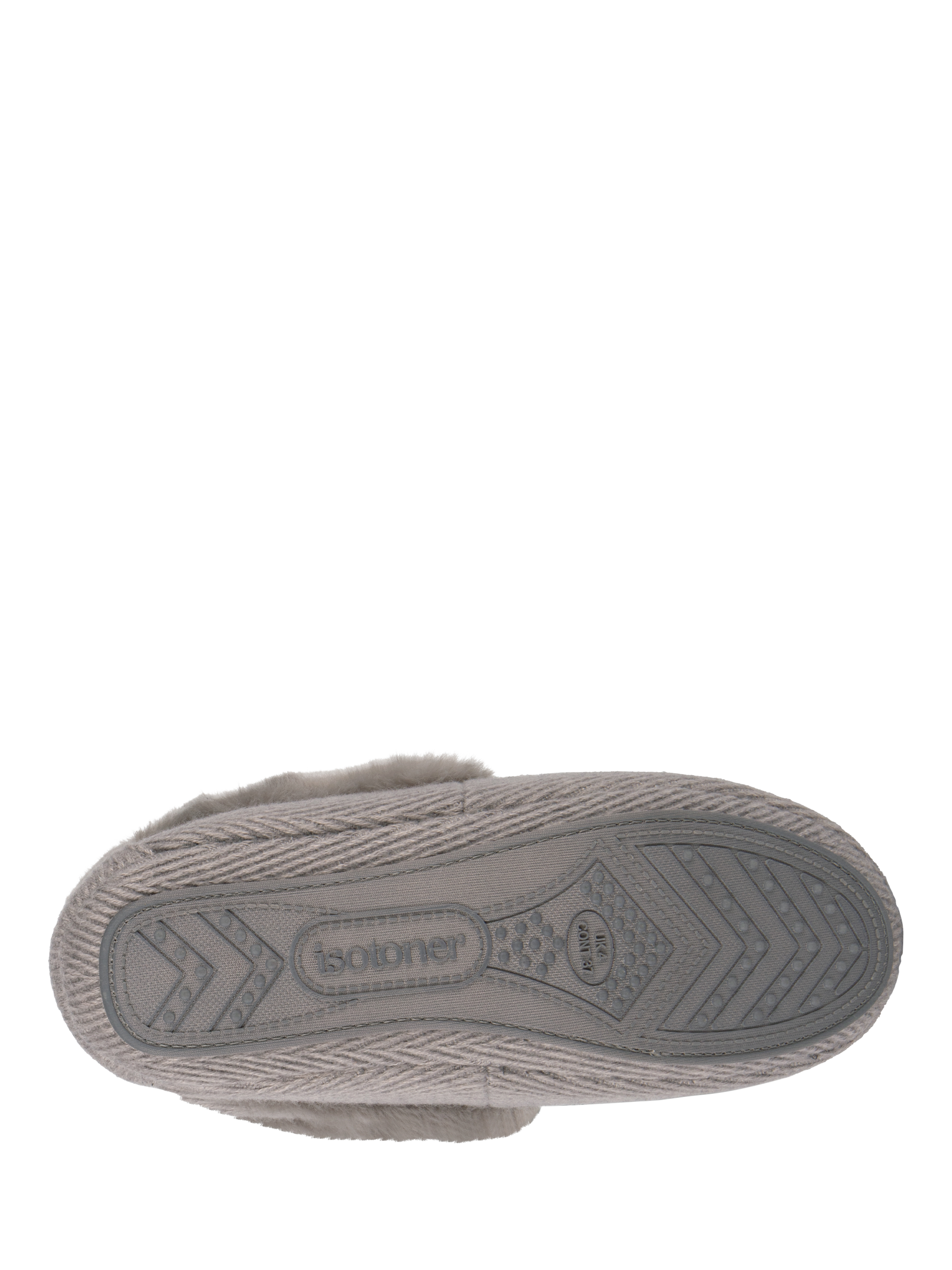 Product image 6 of 7, which shows totes Faux Fur Cuff Herringbone Moccasin Slippers, Grey, 4
