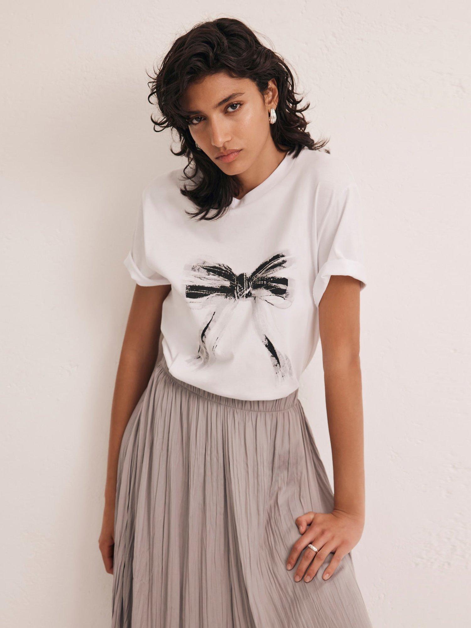 Product image 1 of 6, which shows Mint Velvet Bow Motif T-Shirt, White, L