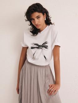 Mint Velvet Bow Motif T-Shirt, White, White