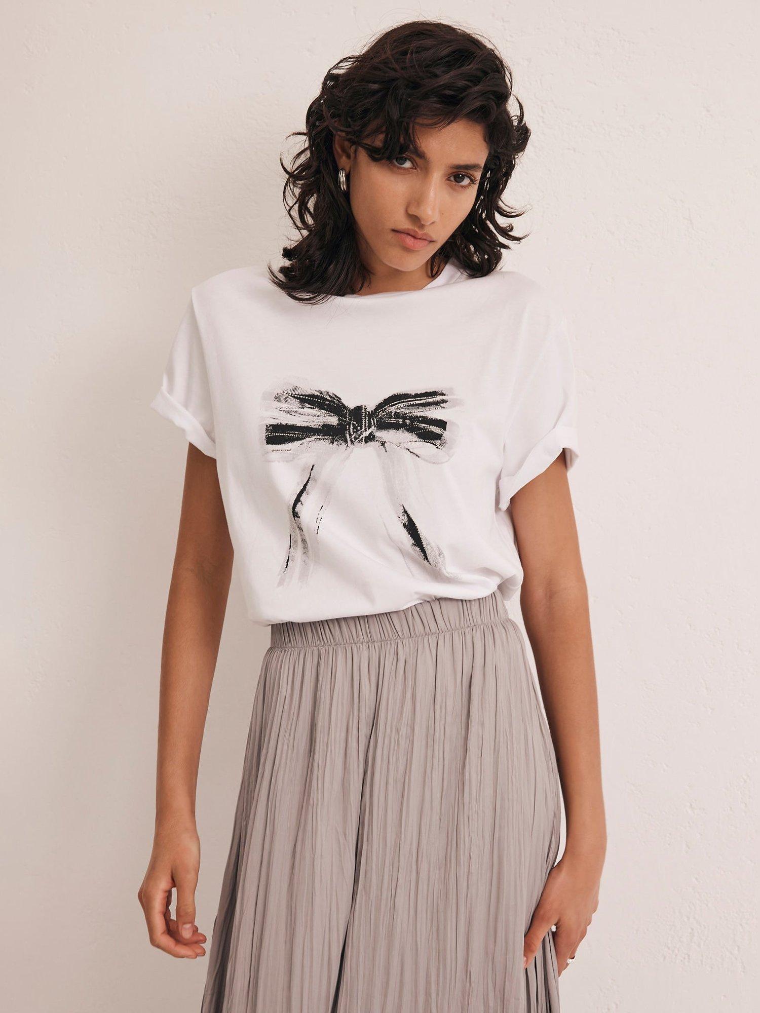 Product image 2 of 6, which shows Mint Velvet Bow Motif T-Shirt, White, L