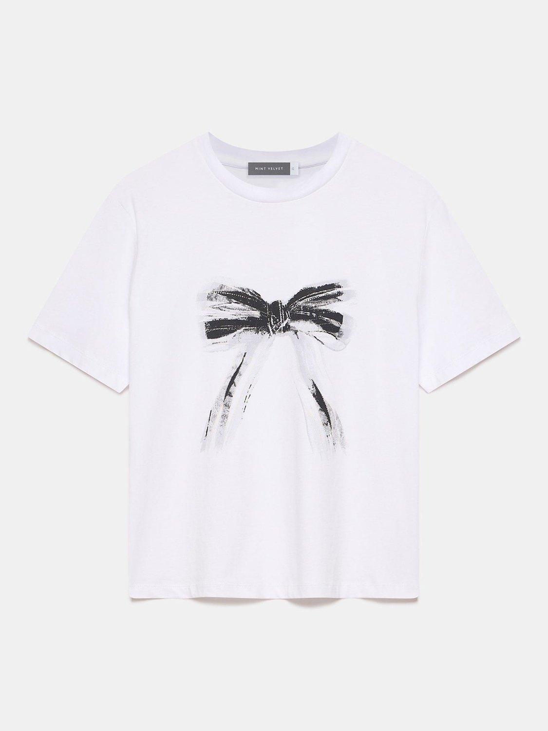 Product image 5 of 6, which shows Mint Velvet Bow Motif T-Shirt, White, L
