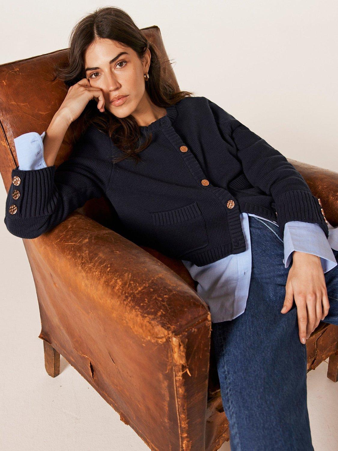 Mint Velvet Cotton Blend Cropped Cardigan, Navy