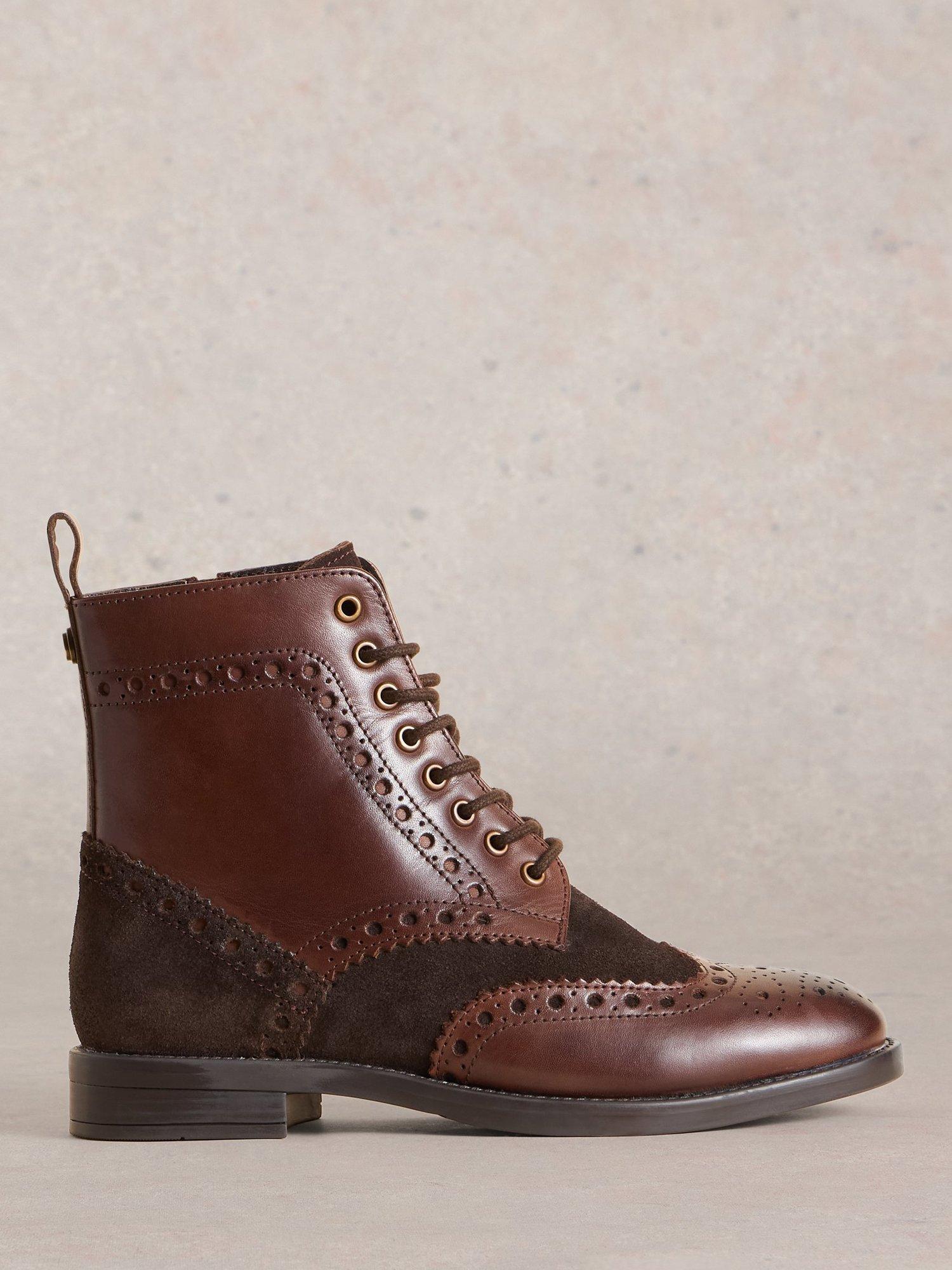 White Stuff Thistle Leather & Suede Lace-Up Brogue Ankle Boots, Deep Brown