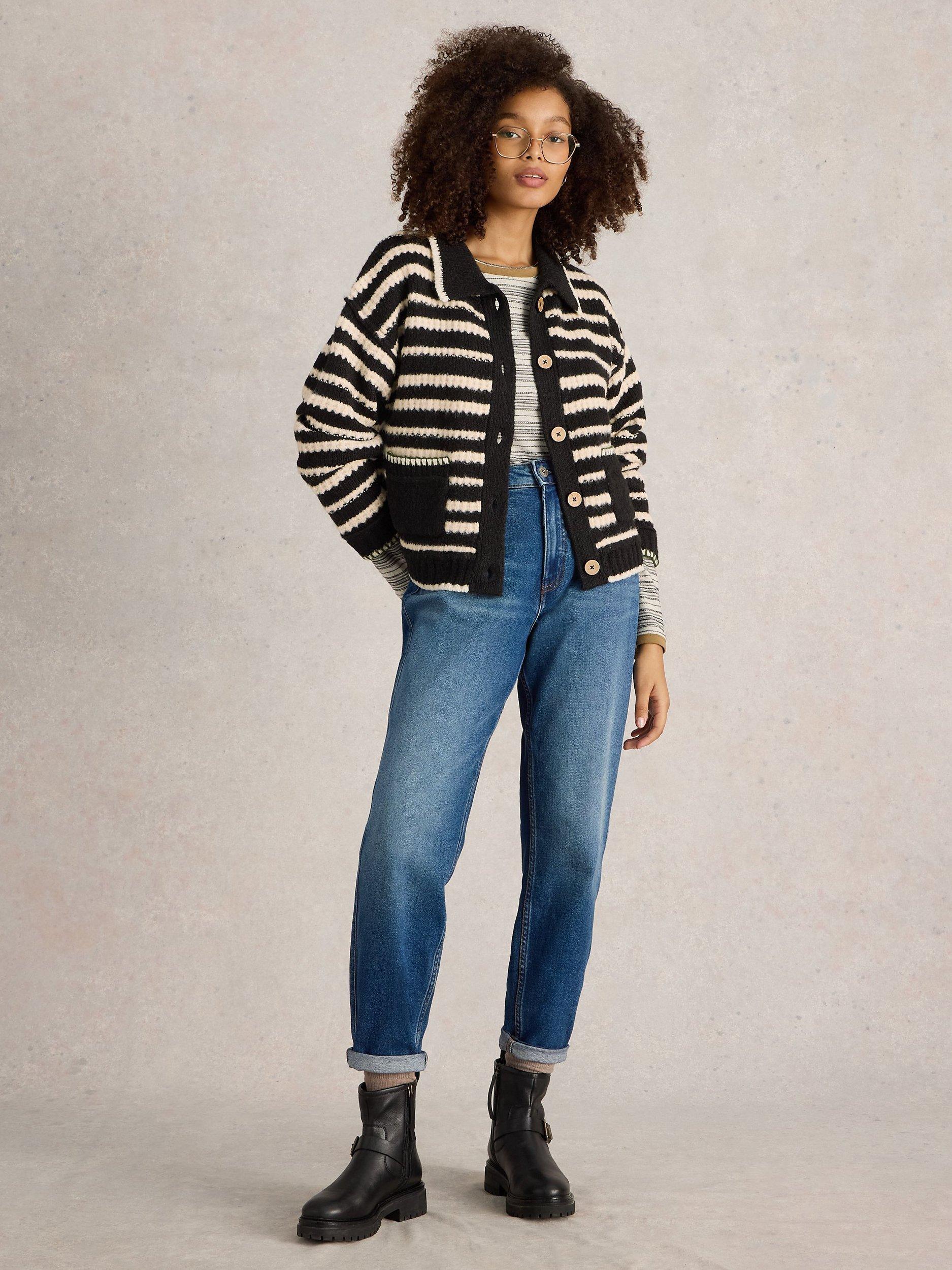 White Stuff Tyler Stripe Thick Wool Blend Cardigan, Black/Cream