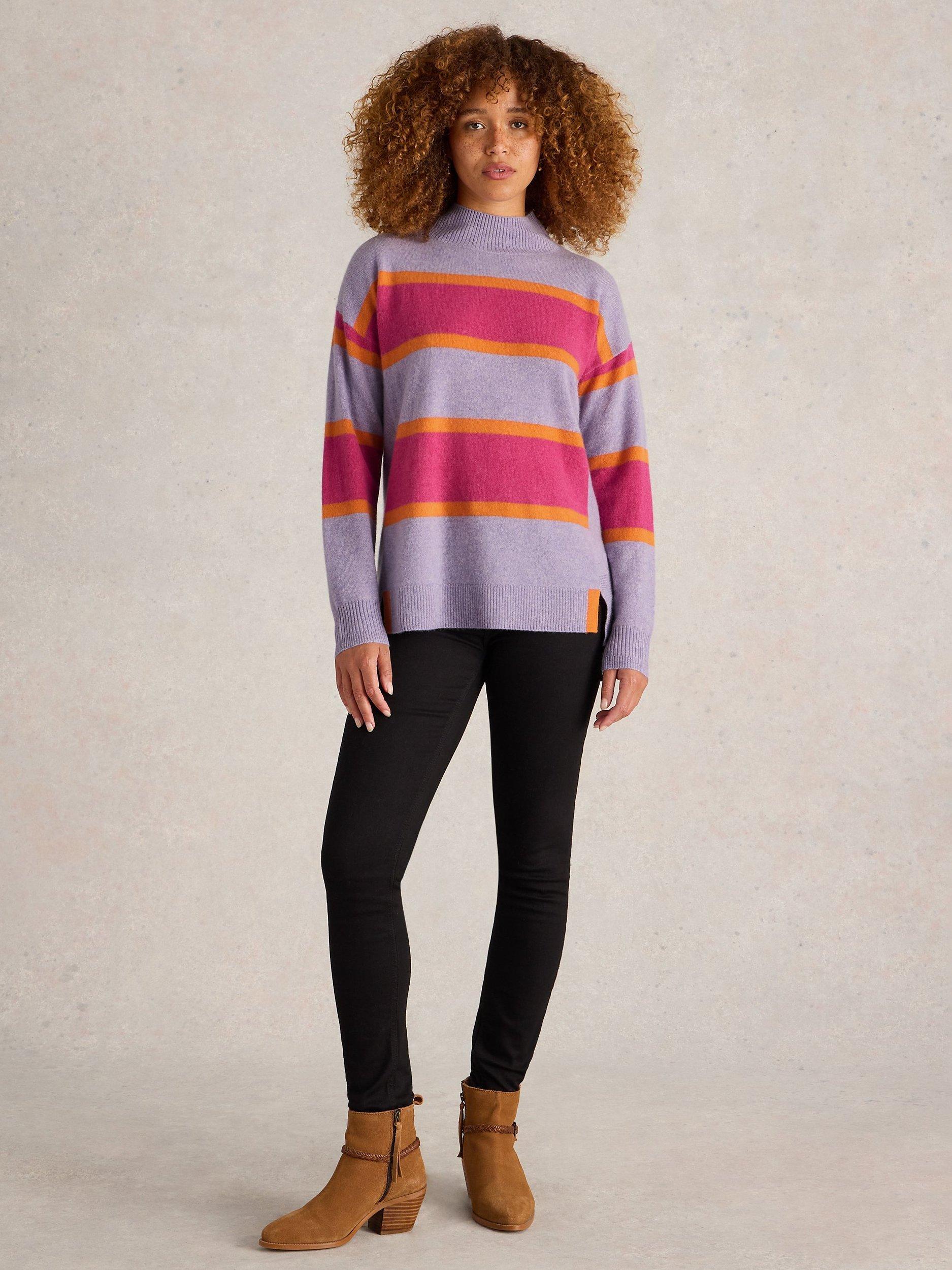 White Stuff Holly High Neck Stripe Cashmere Jumper, Purple/Multi