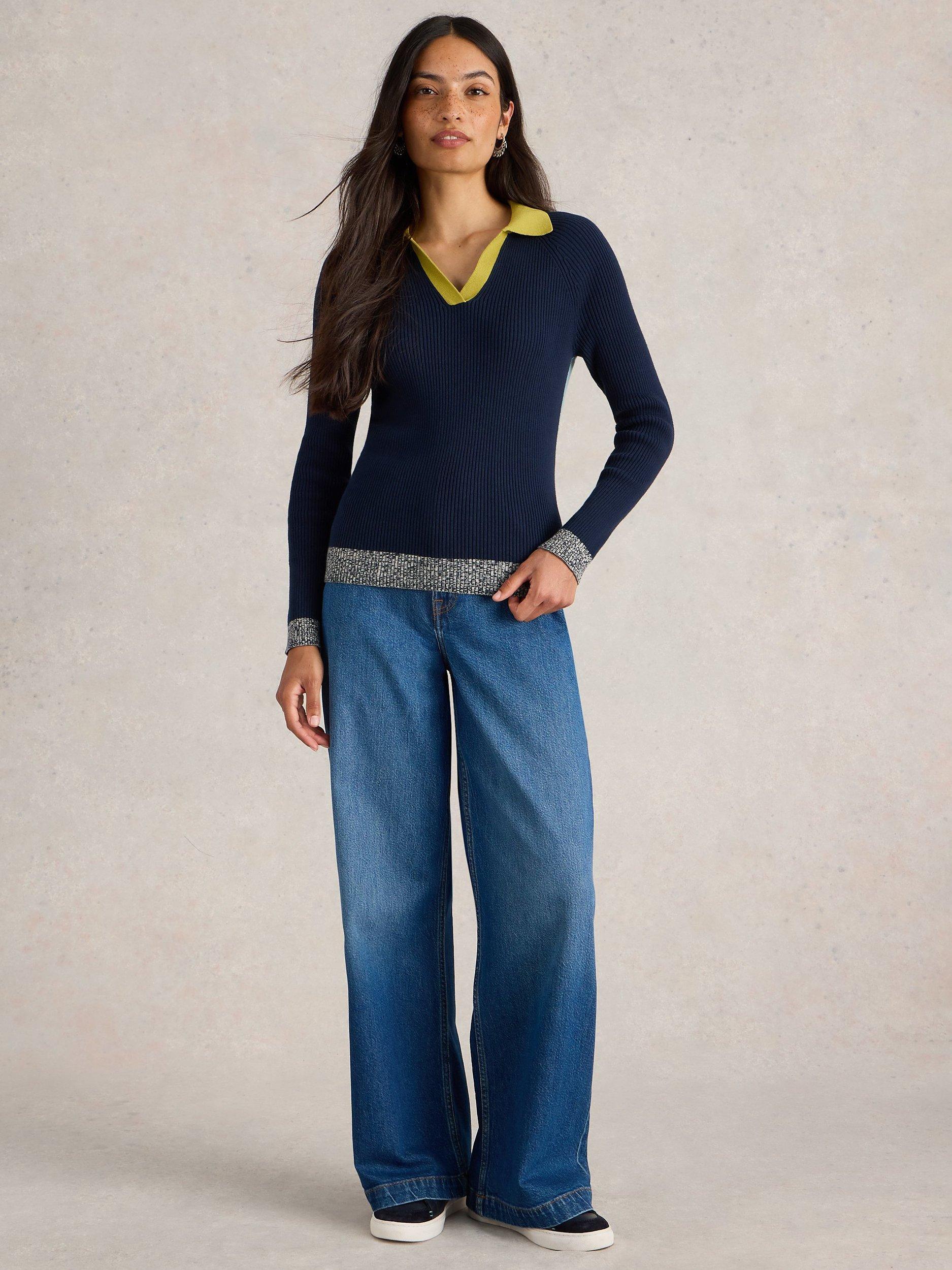 White Stuff Rib Organic Cotton Colour Block Jumper, Navy/Multi