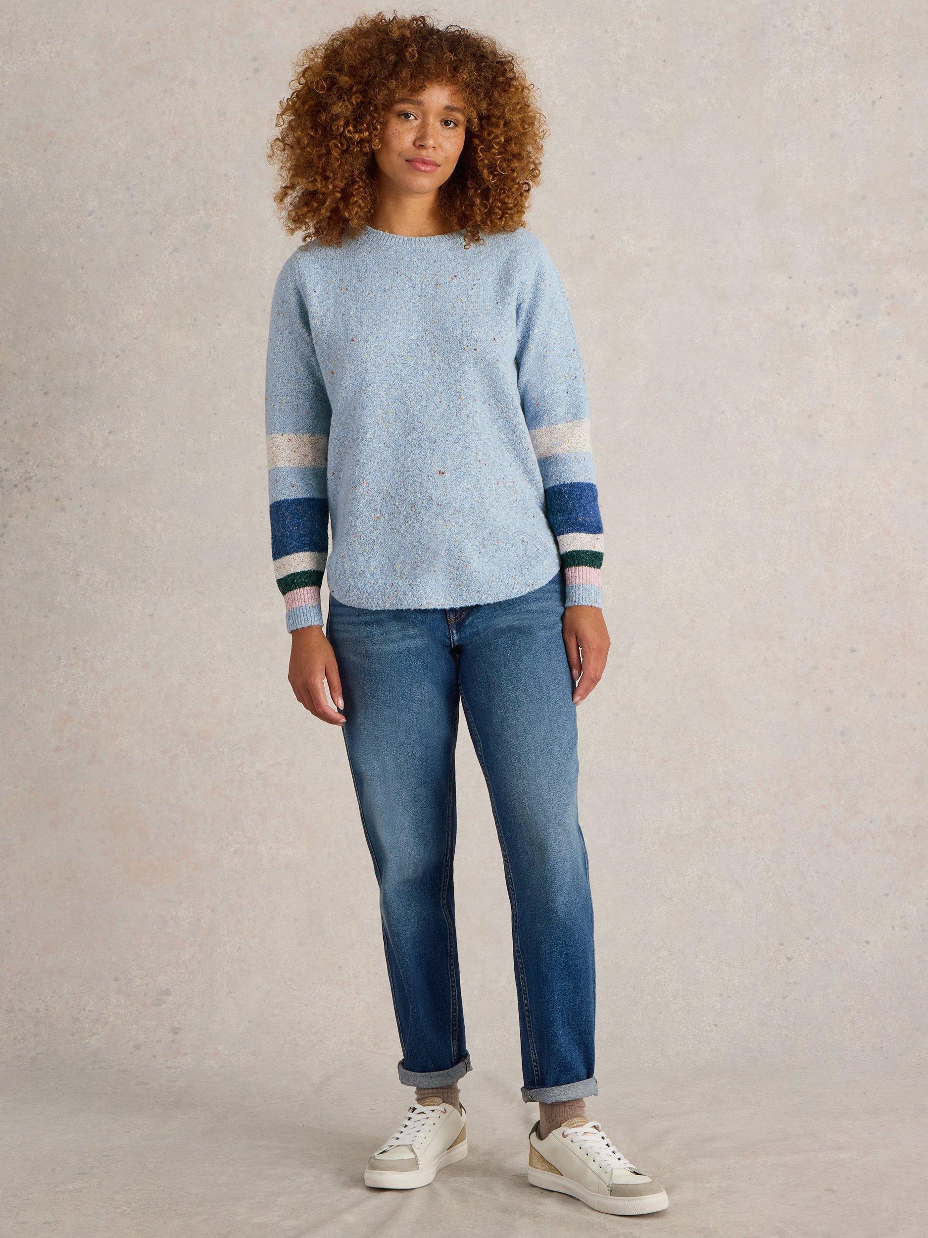 Product image 1 of 6, which shows White Stuff Talia Nep Stripe Cuff Jumper, Blue/Multi, 14