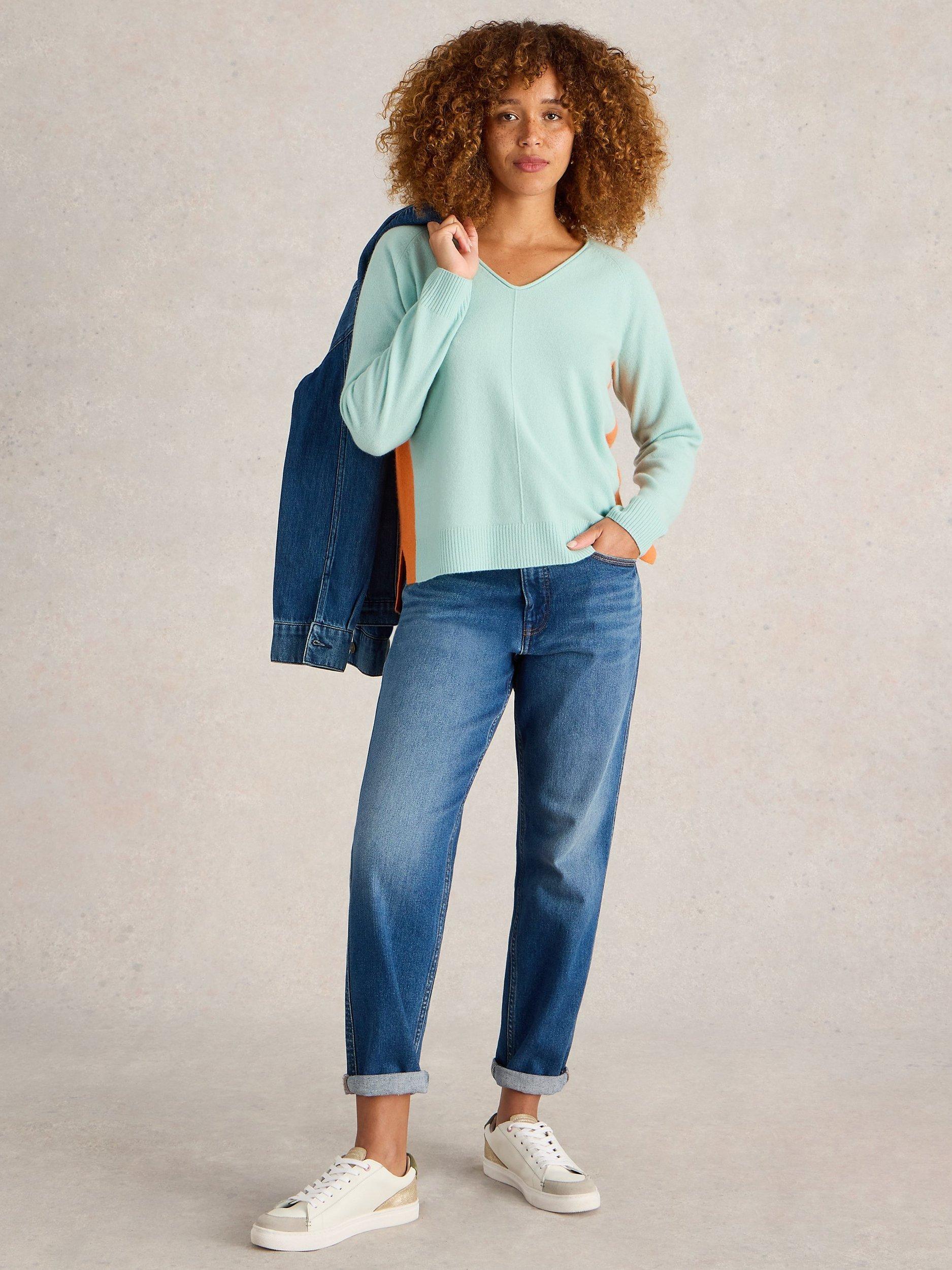 White Stuff Verity V-Neck Cashmere Jumper, Blue/Multi