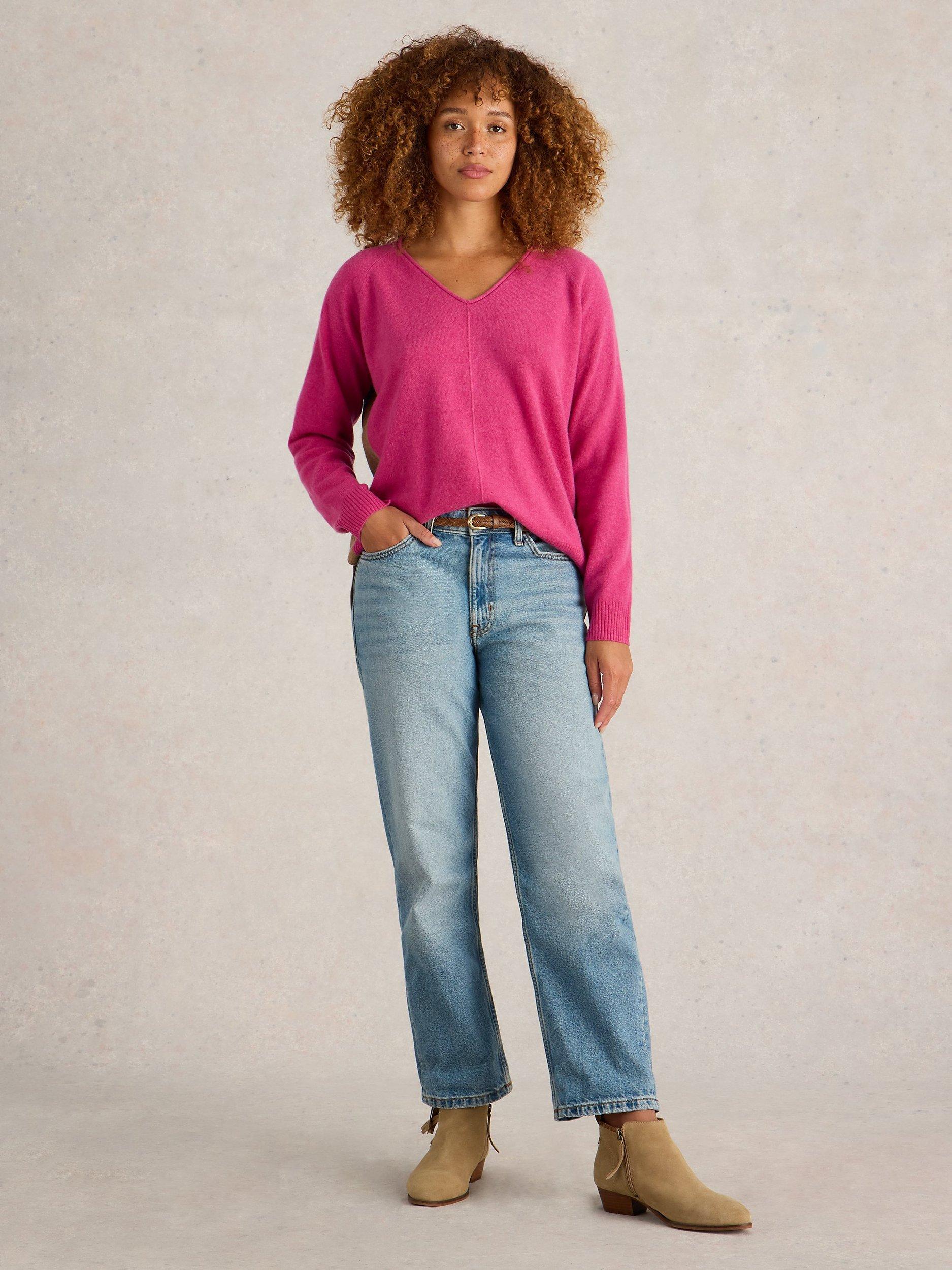 White Stuff Verity V Neck Cashmere Jumper Pink Multi