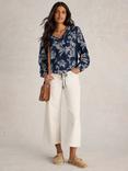 White Stuff Betty Organic Cotton Floral Tie Hem Top, Navy/Multi