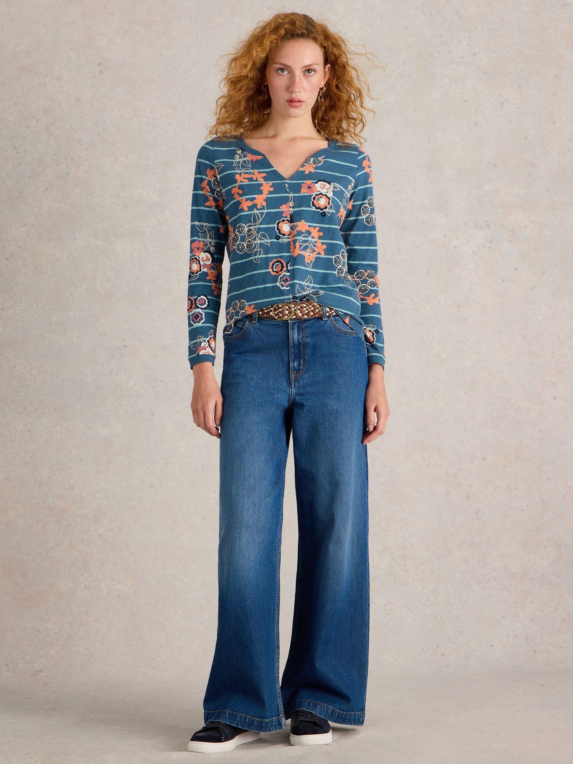 White Stuff Nelly Floral Stripe Long Sleeve Tee, Blue/Multi