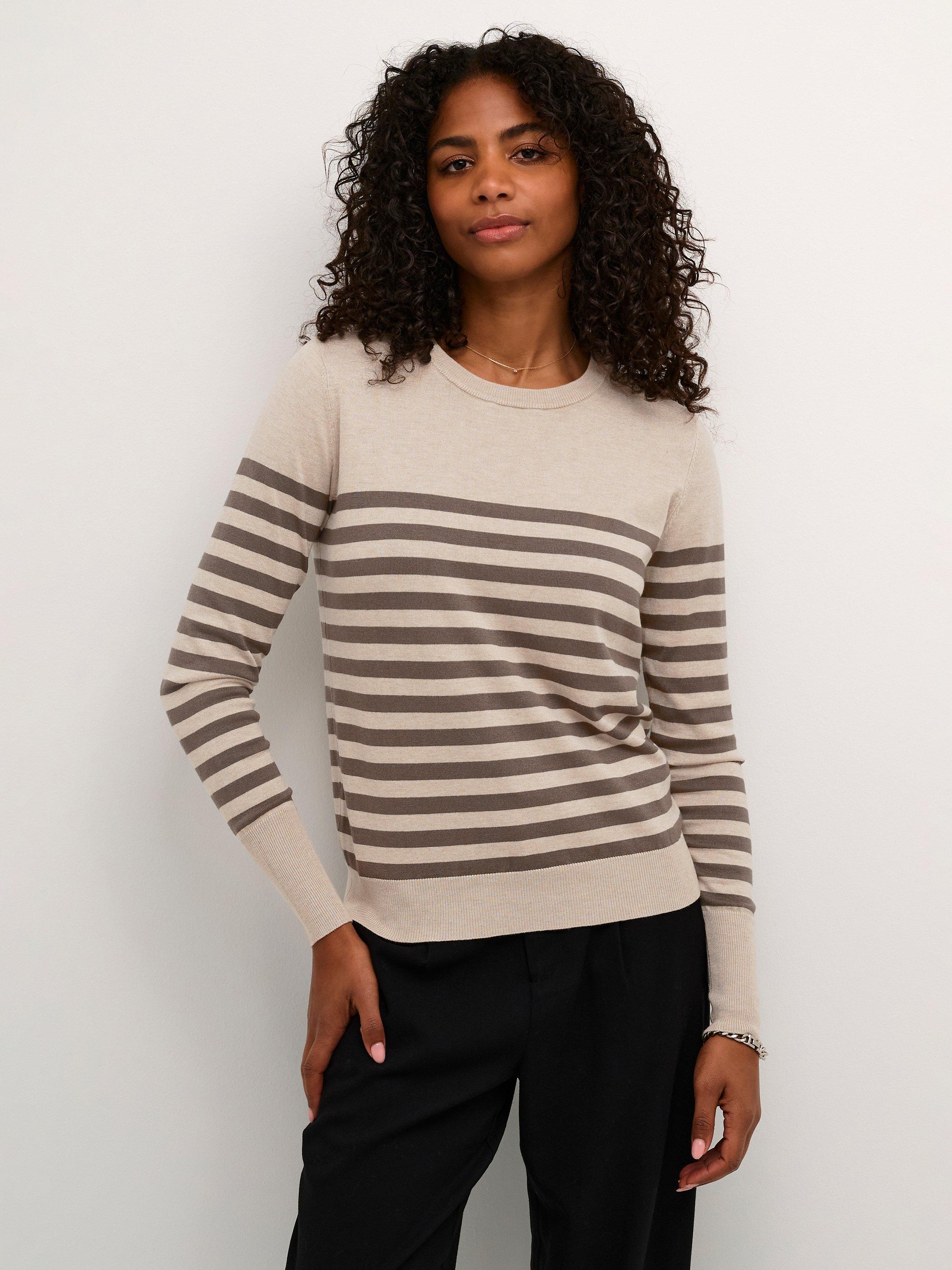 Product image 1 of 5, which shows KAFFE Lizza Stripe Jumper, Stone/Brown, XS