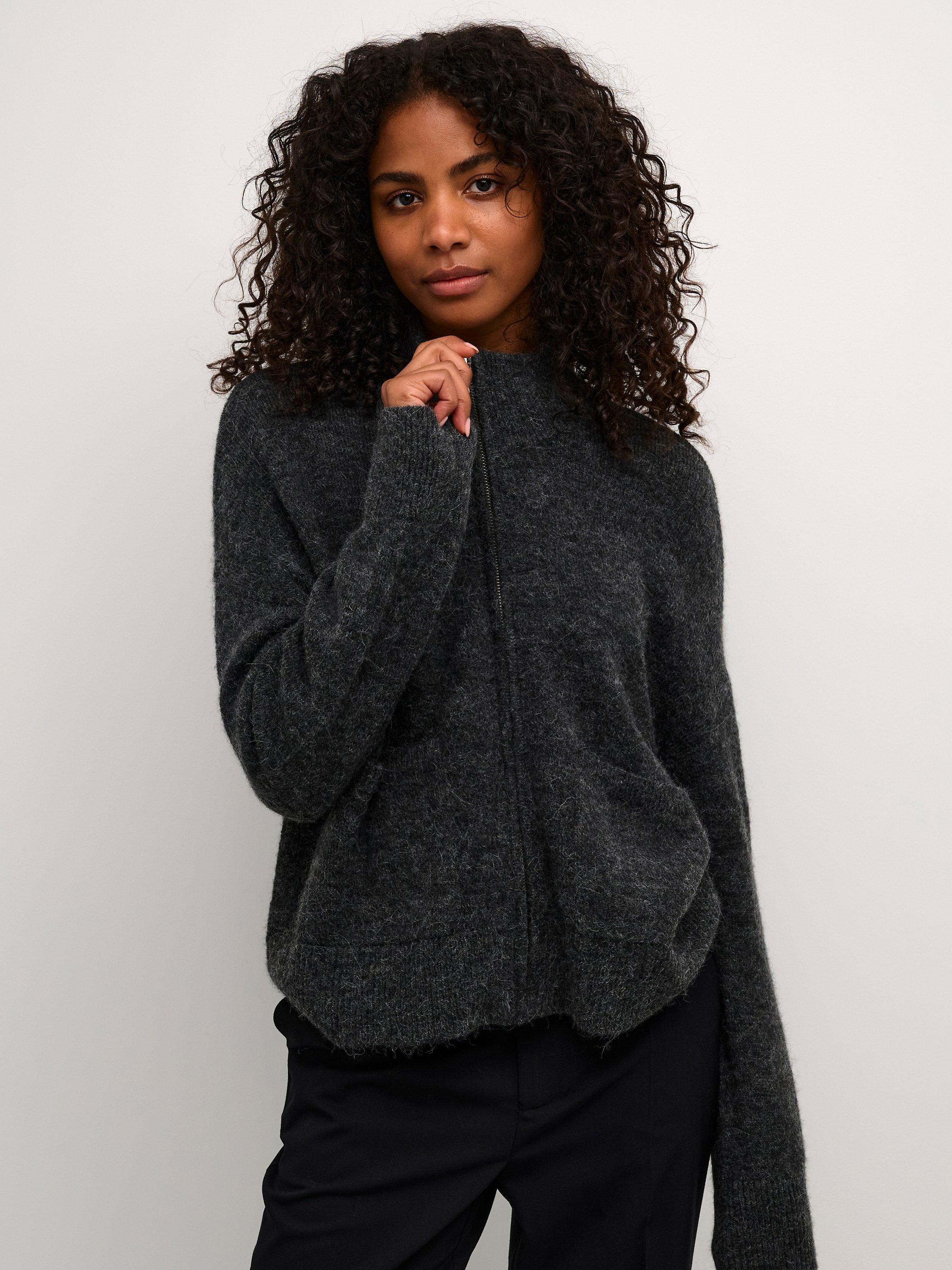 Product image 1 of 5, which shows KAFFE Vera Zipper High Neck Cardigan, Dark Grey Melange, XS