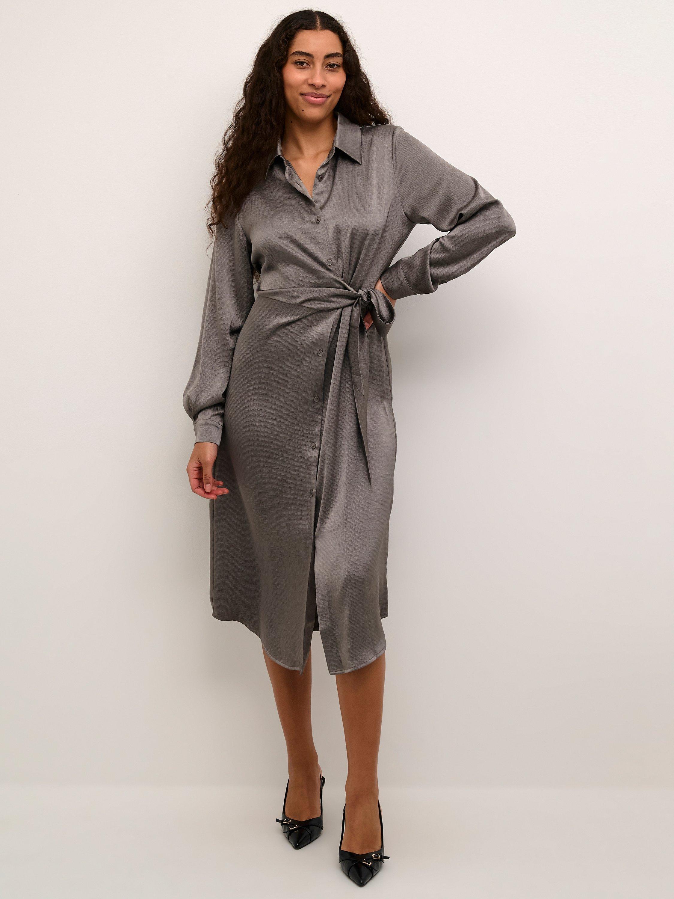 KAFFE Lotte Satin Tie Waist Shirt Dress Steeple Grey