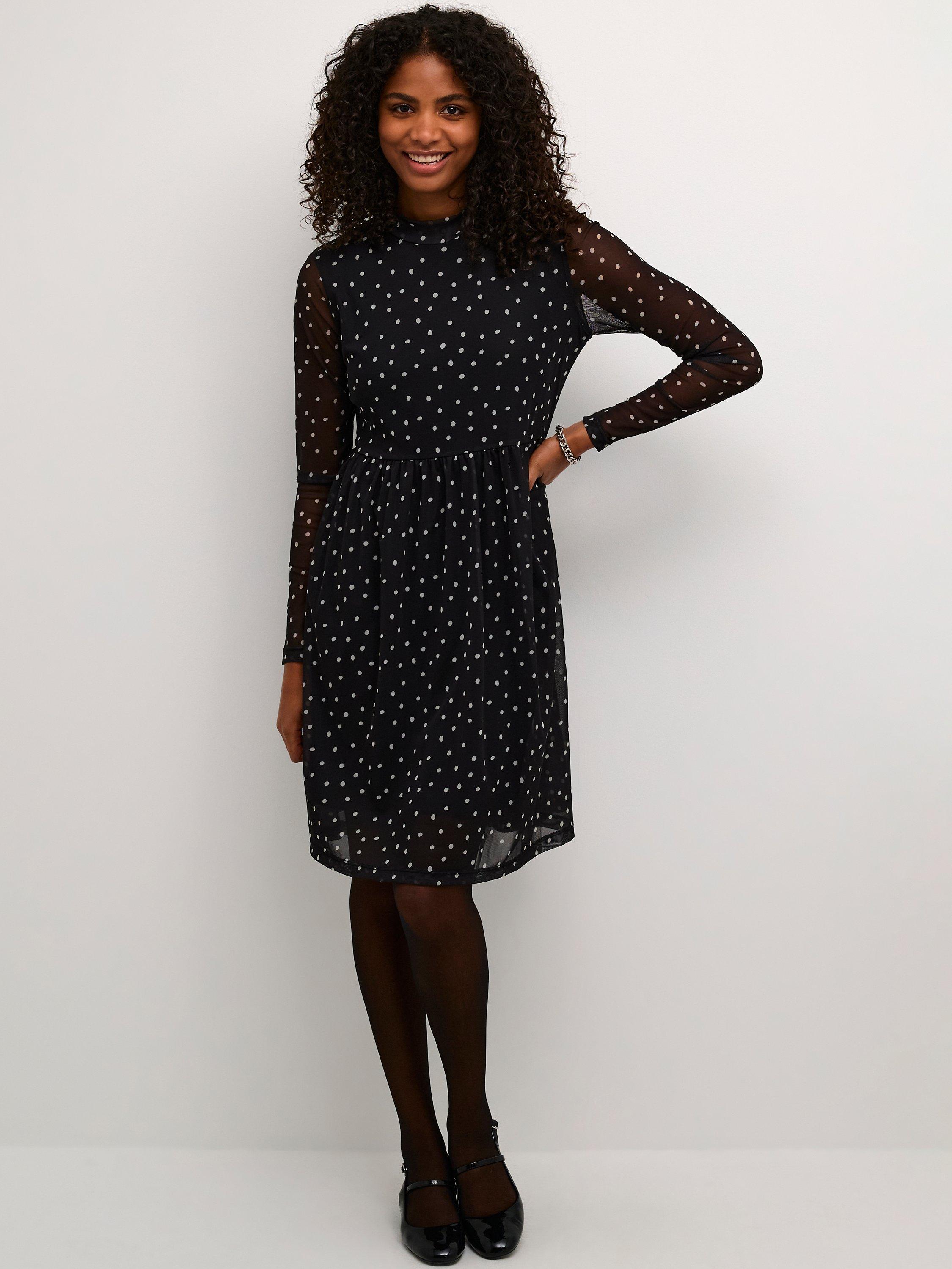 Product image 3 of 5, which shows KAFFE Johanne Polka Dot Mesh Dress, Black/White, XS