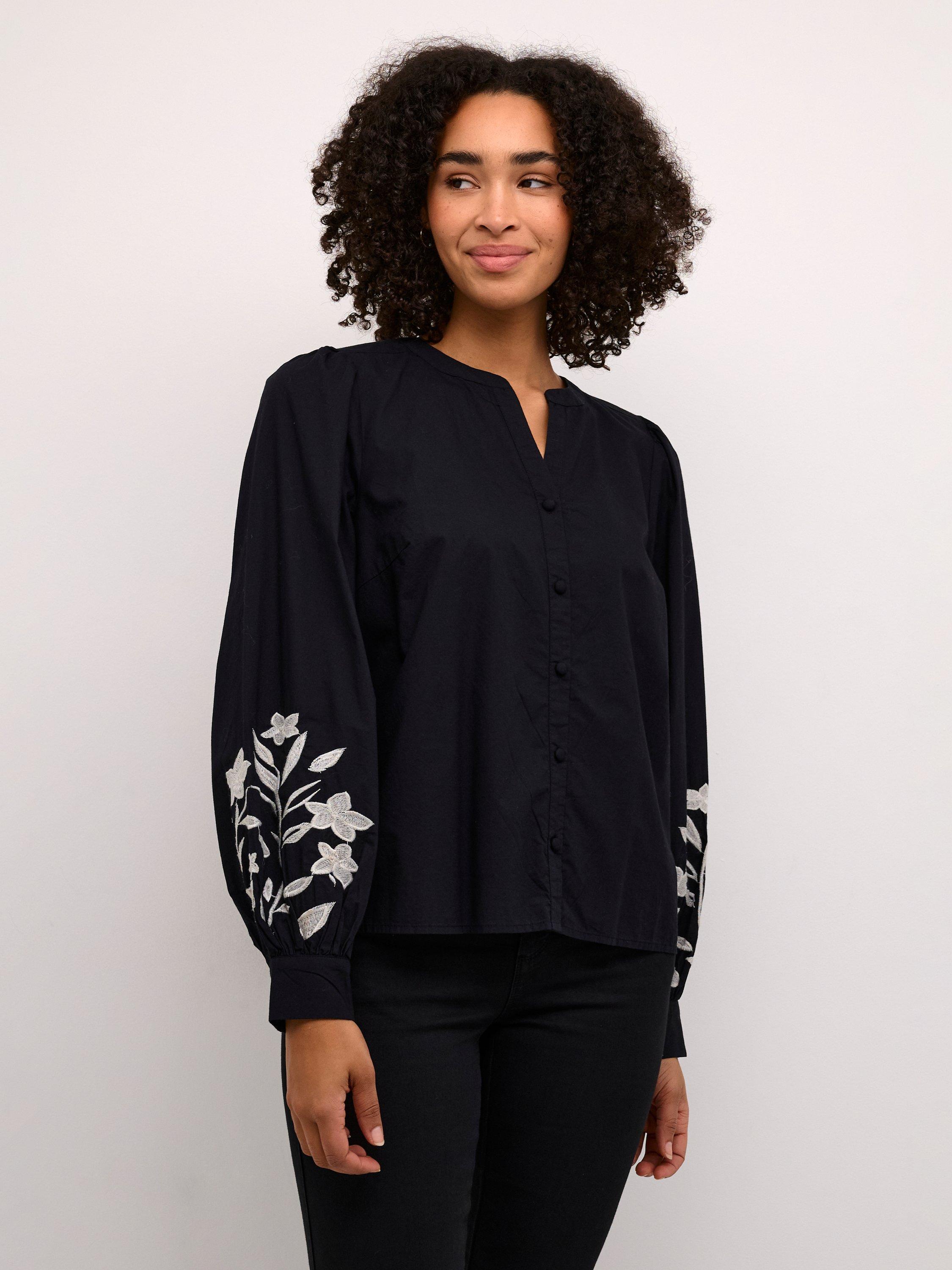 KAFFE Natali Embroidered Sleeve Top, Black/White