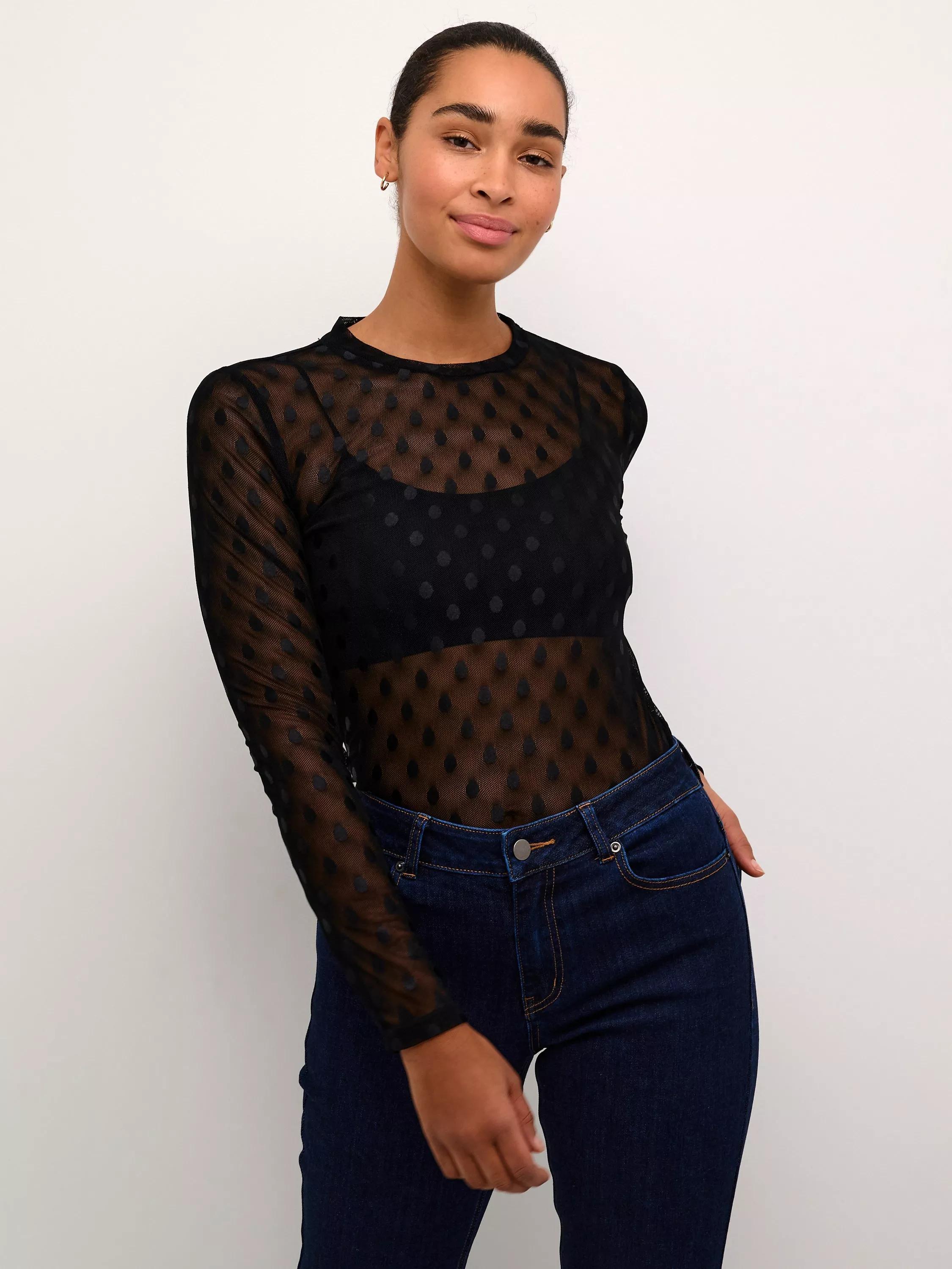 KAFFE Mina Polka Dot Sheer Top Deep Black