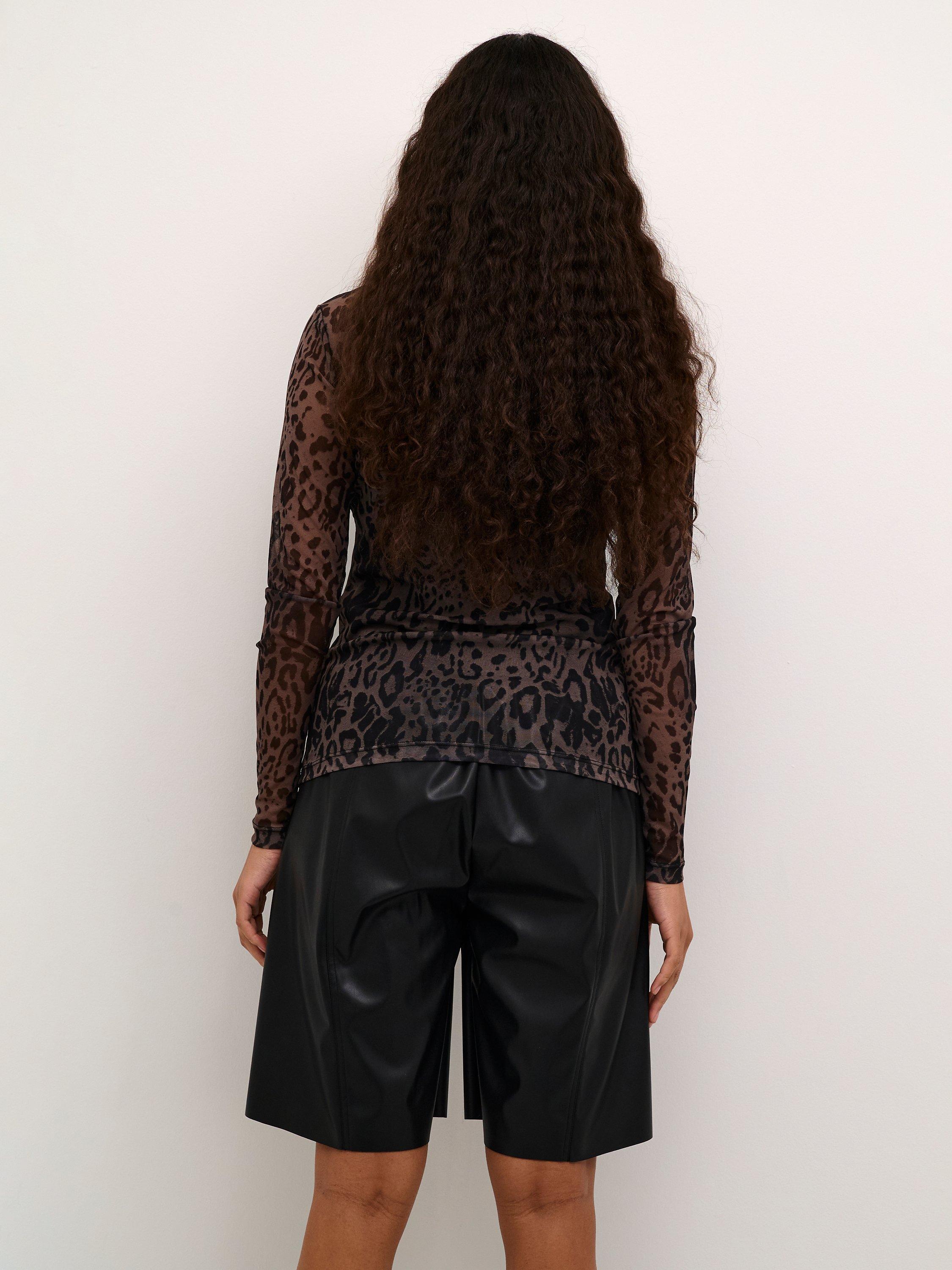 Product image 2 of 6, which shows KAFFE Johanne Leopard Sheer Mesh T-Shirt, Major Brown/Black, XS