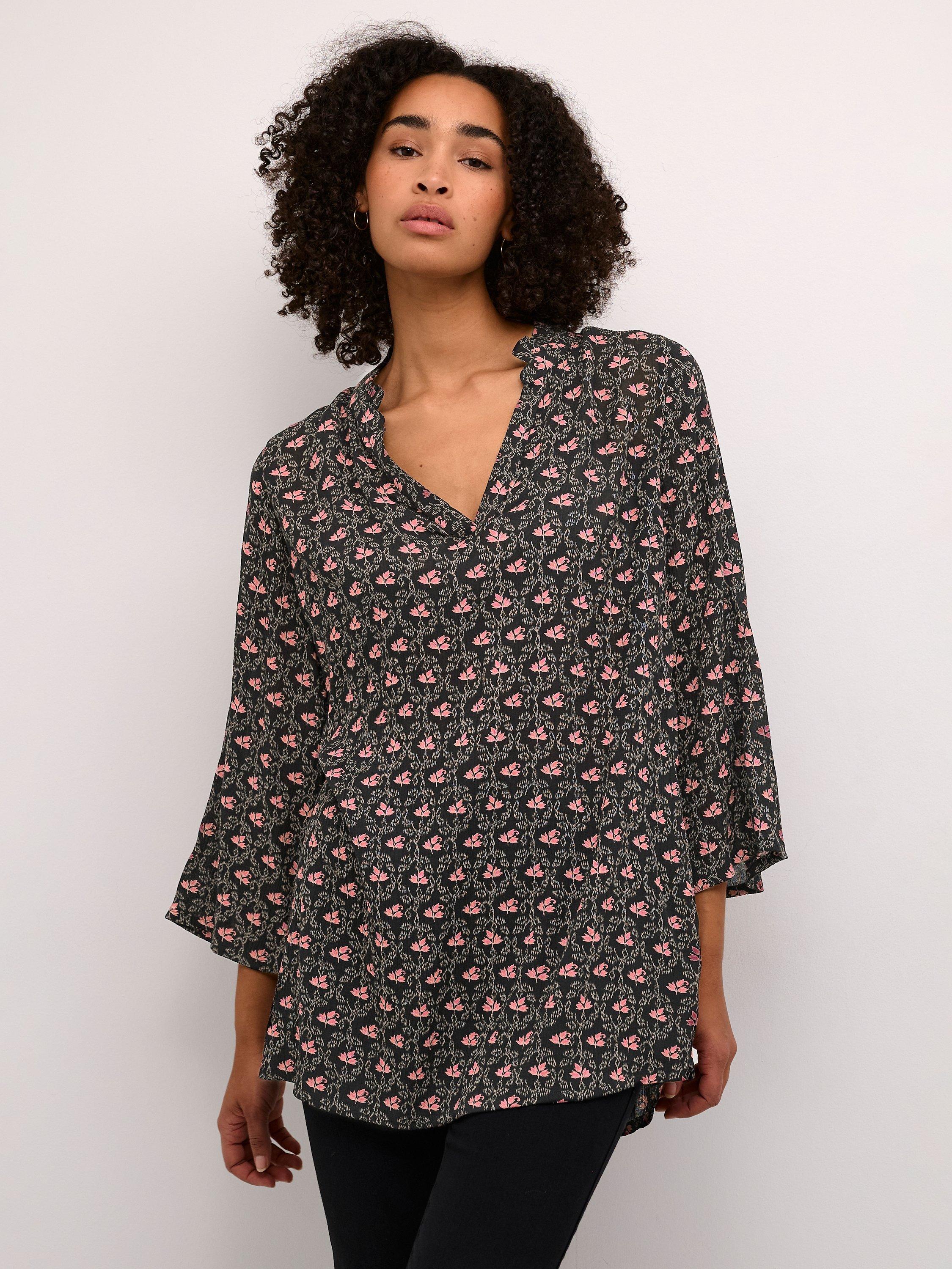 Product image 1 of 5, which shows KAFFE Amber Floral Frill Tunic Top, Black/Multi, 8