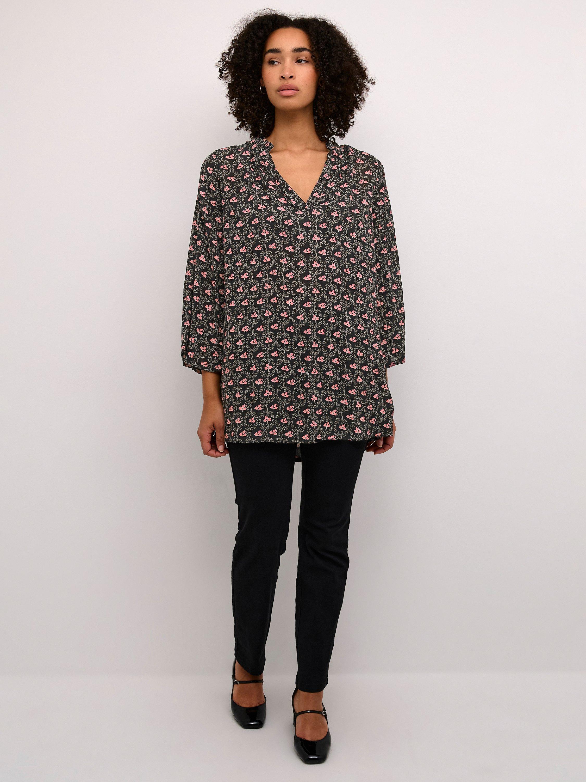 Product image 3 of 5, which shows KAFFE Amber Floral Frill Tunic Top, Black/Multi, 8