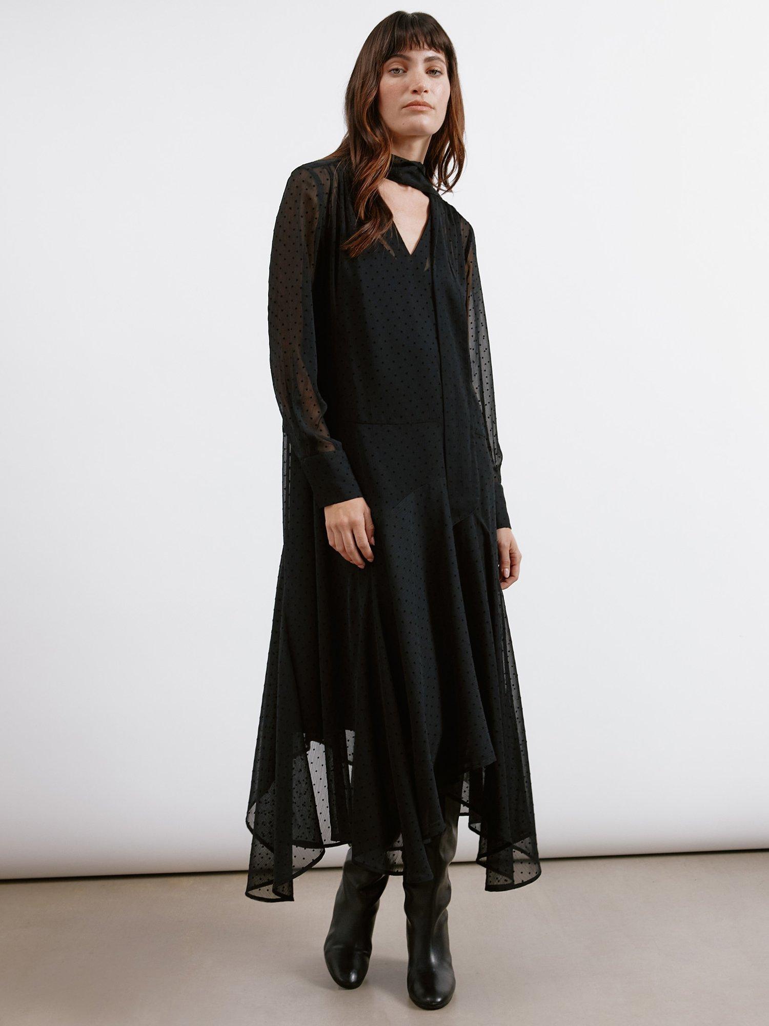 Product image 1 of 6, which shows Albaray Flocked Spot Hanky Hem Dress, Black, 8