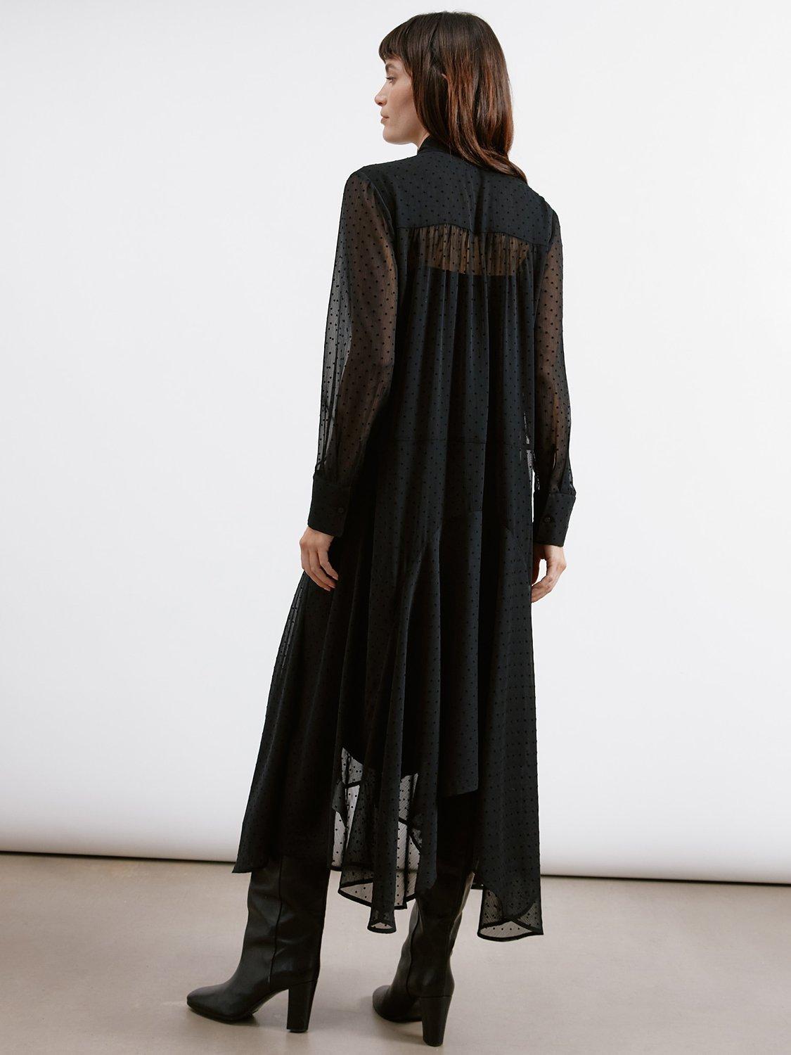 Product image 2 of 6, which shows Albaray Flocked Spot Hanky Hem Dress, Black, 8
