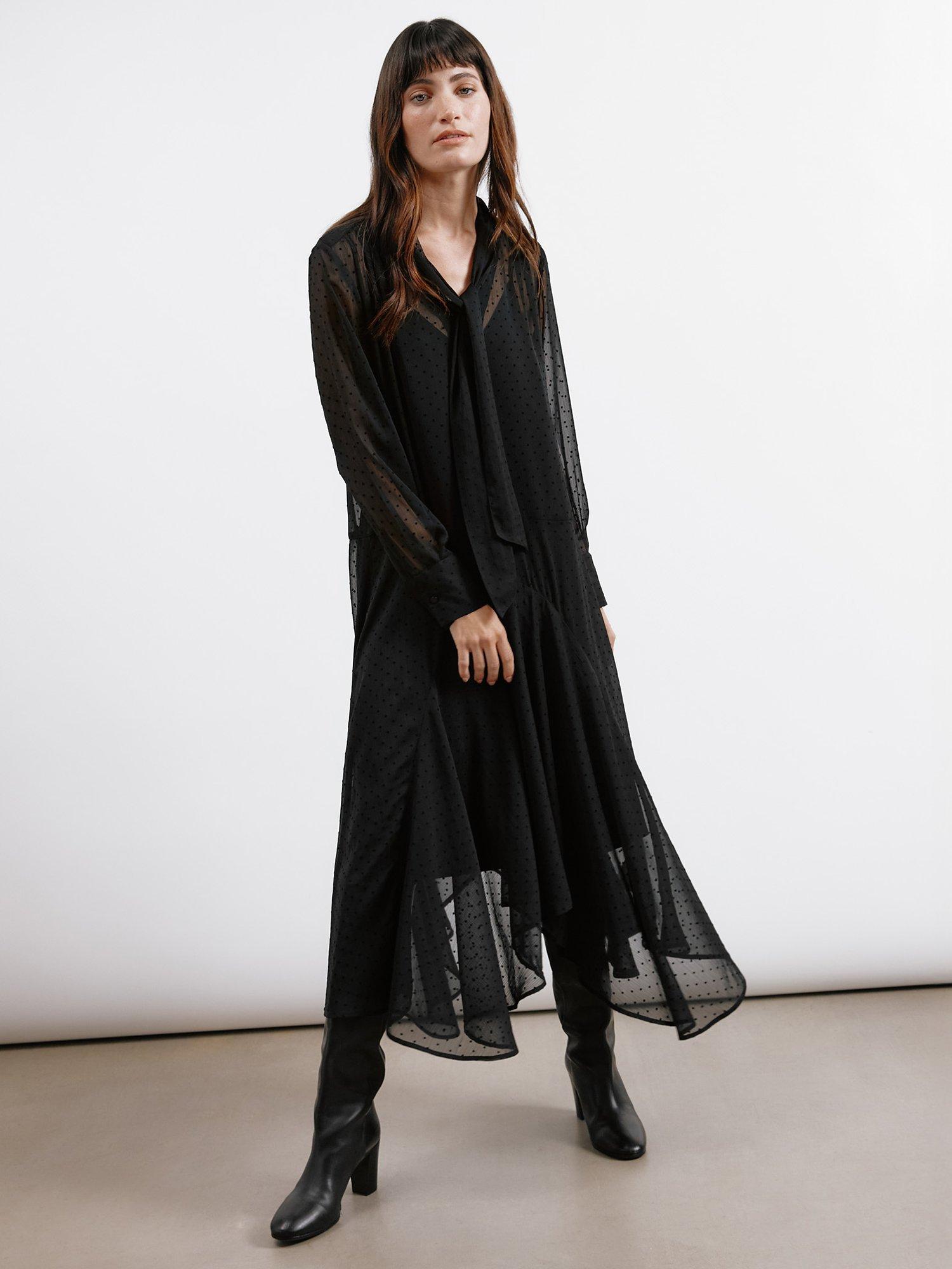 Product image 5 of 6, which shows Albaray Flocked Spot Hanky Hem Dress, Black, 8