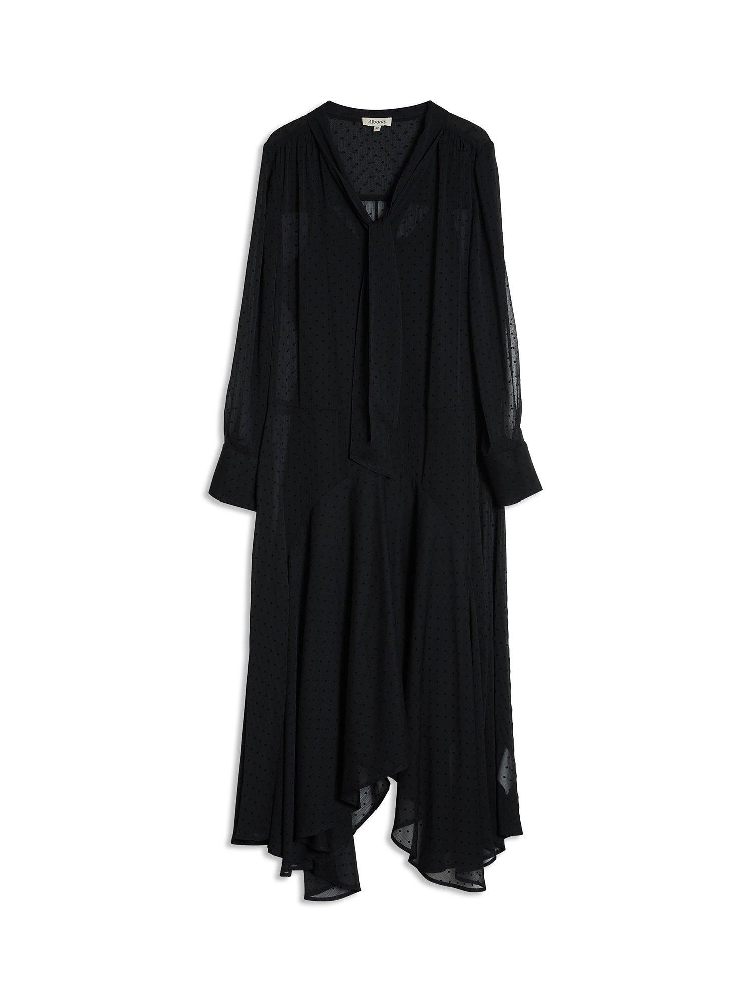 Product image 6 of 6, which shows Albaray Flocked Spot Hanky Hem Dress, Black, 8