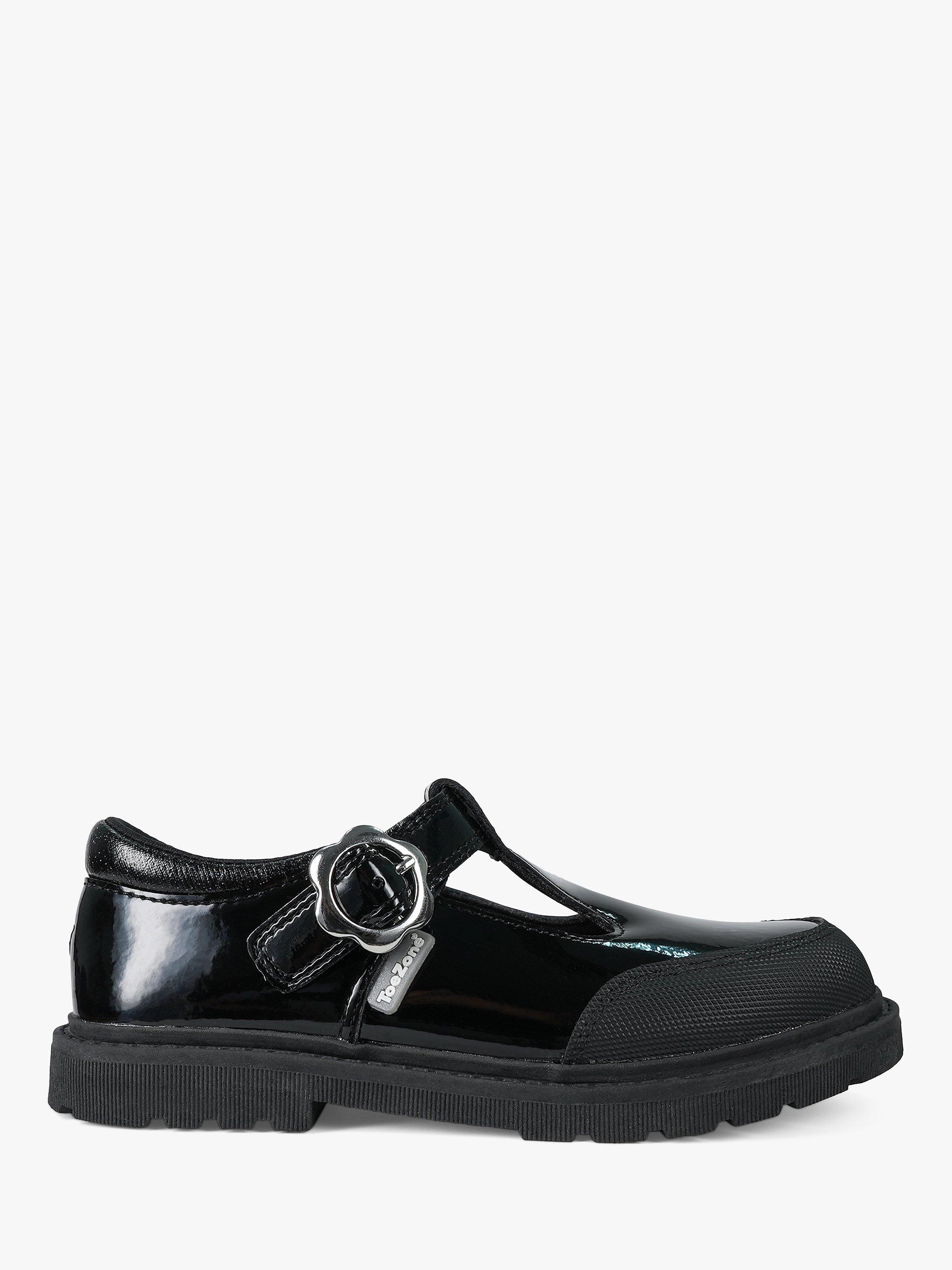 Product image 1 of 7, which shows ToeZone Kids' Clover Patent Leather T-Bar Flower School Shoes, Black, 8 Jnr