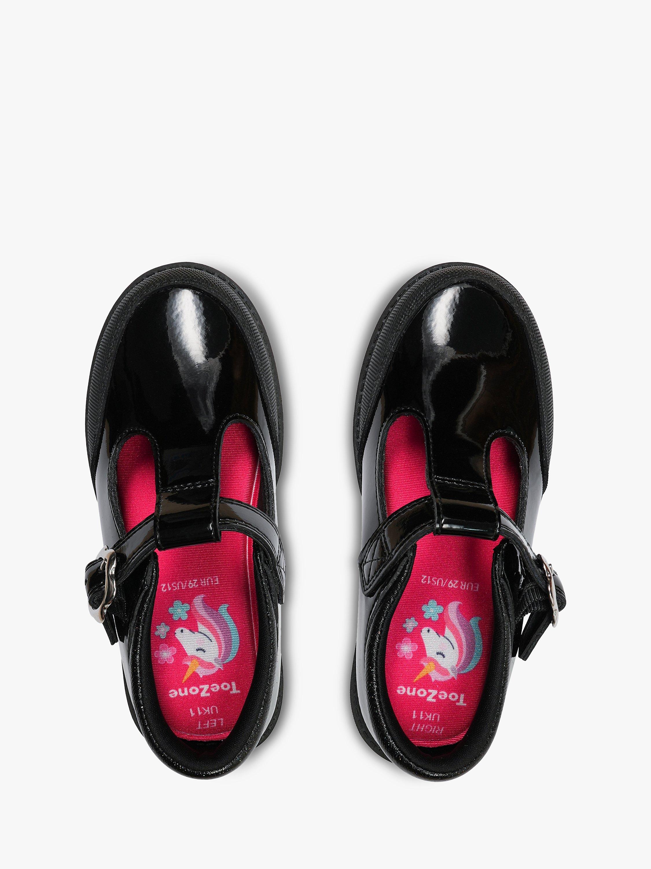 Product image 4 of 7, which shows ToeZone Kids' Clover Patent Leather T-Bar Flower School Shoes, Black, 8 Jnr