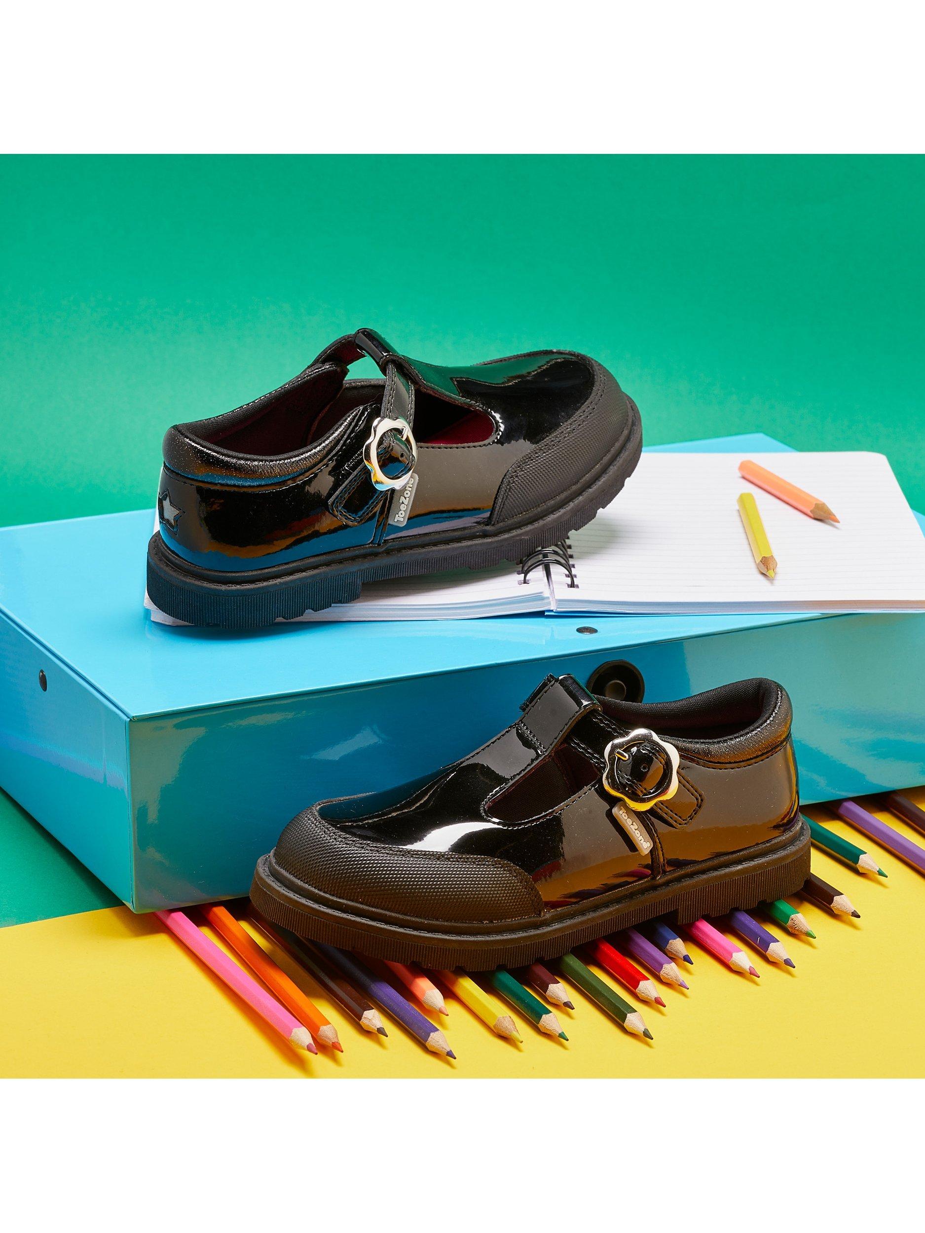 Product image 7 of 7, which shows ToeZone Kids' Clover Patent Leather T-Bar Flower School Shoes, Black, 8 Jnr