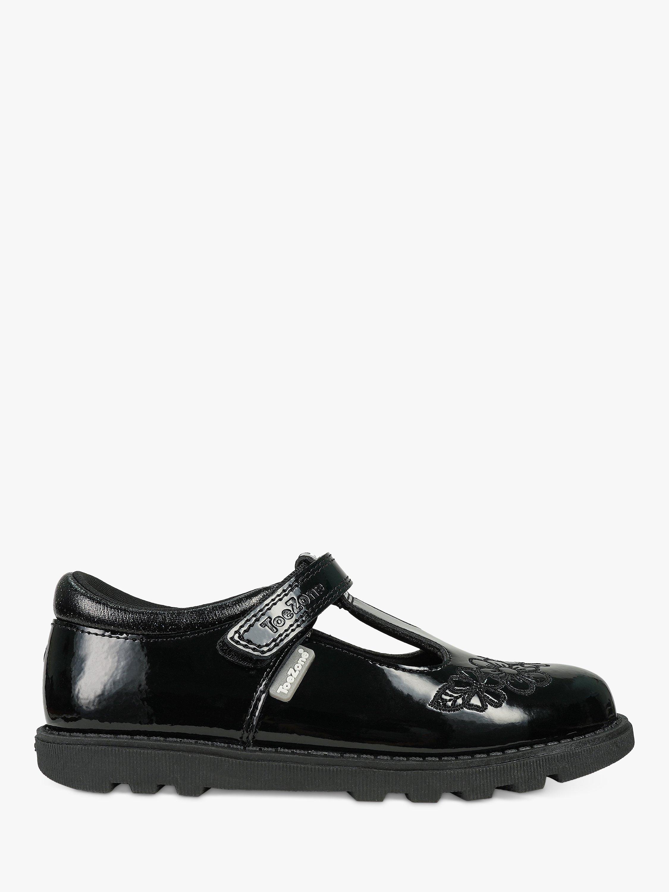 ToeZone Kids Flo Patent Leather Riptape Flower School Shoe Black