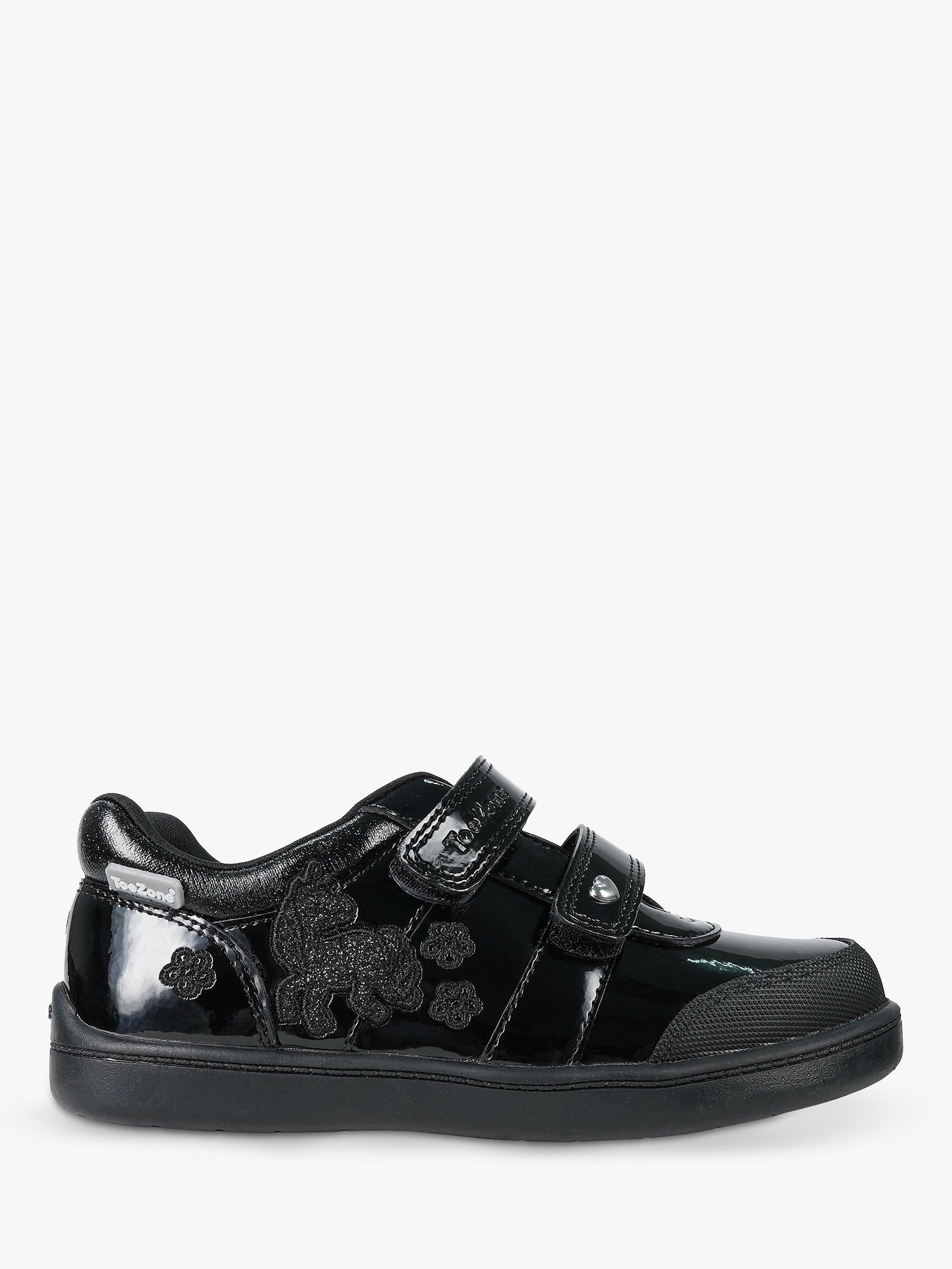 Product image 1 of 8, which shows ToeZone Kids' Lia Patent Leather Unicorn School Shoes, Black, 8 Jnr